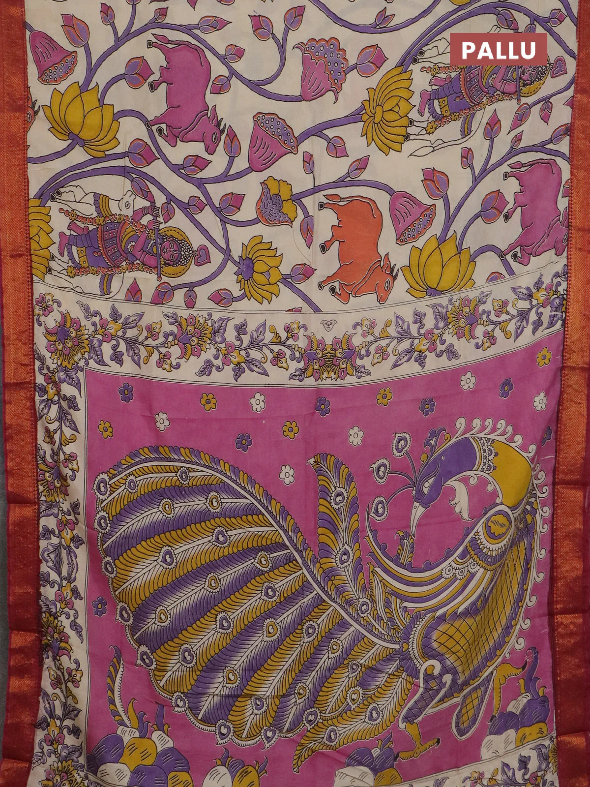 Kalamkari semi silk saree beige and dark magenta with allover prints and mangalgiri border - Image 3