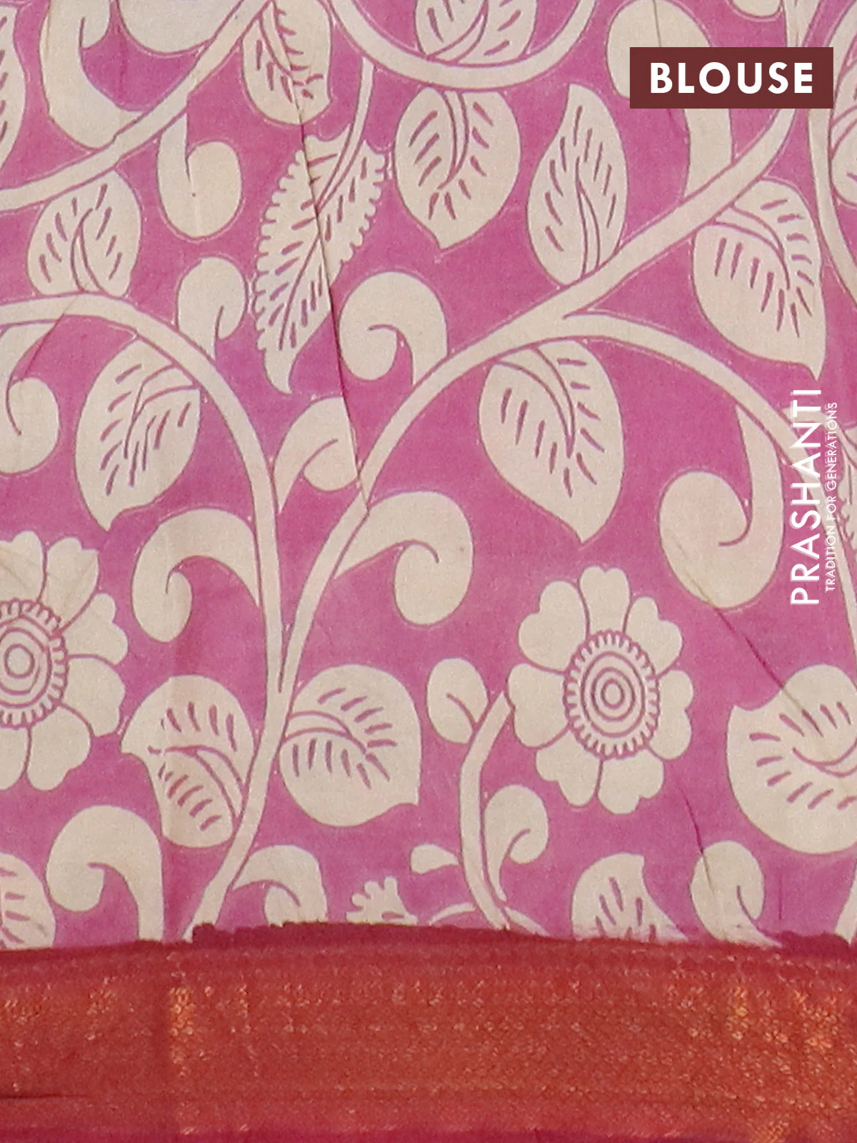 Kalamkari semi silk saree beige and dark magenta with allover prints and mangalgiri border - Image 4