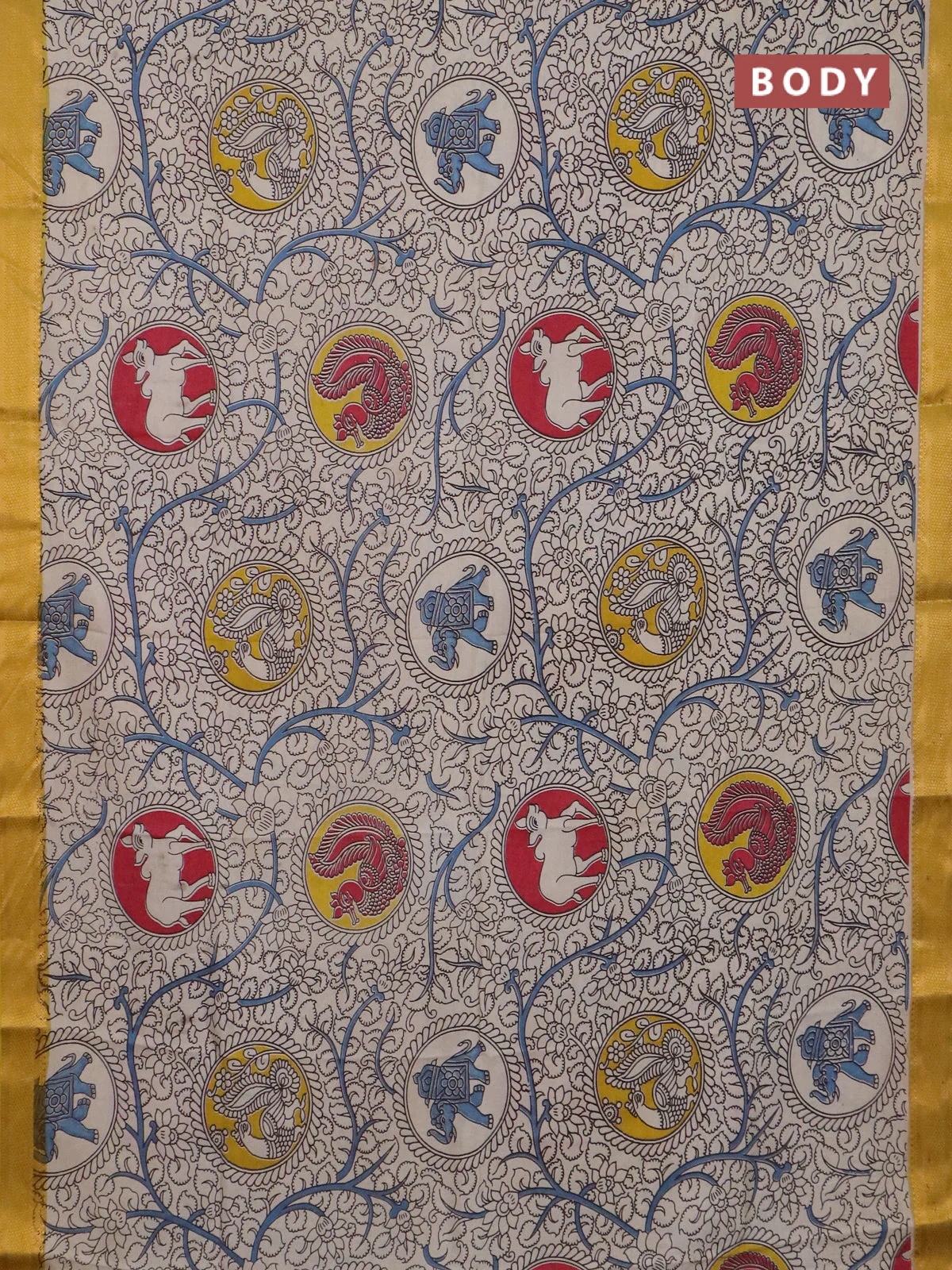 Kalamkari semi silk saree beige and lime yellow with allover prints and mangalgiri border - Image 2