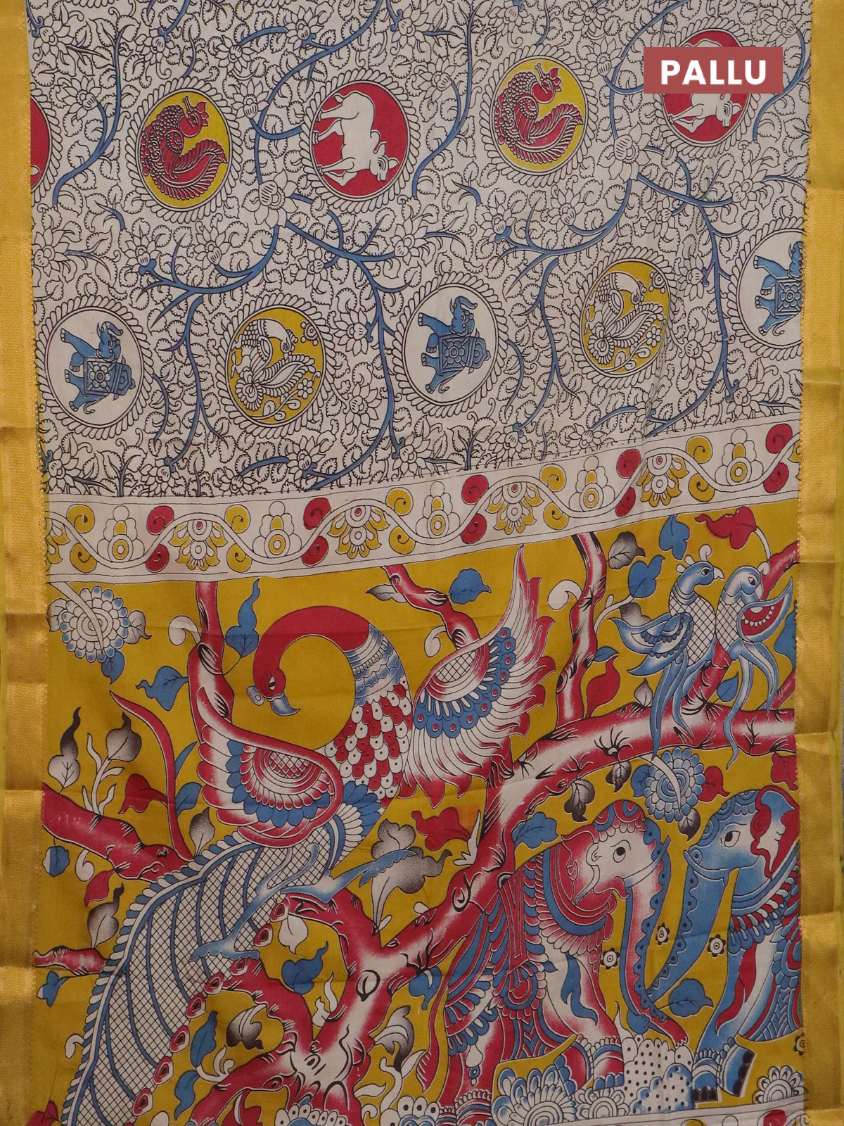Kalamkari semi silk saree beige and lime yellow with allover prints and mangalgiri border - Image 3