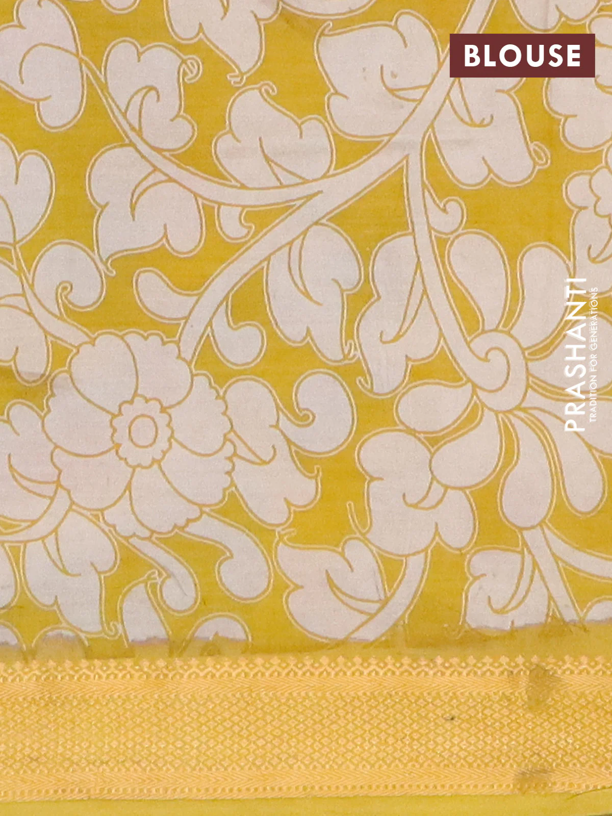 Kalamkari semi silk saree beige and lime yellow with allover prints and mangalgiri border - Image 4