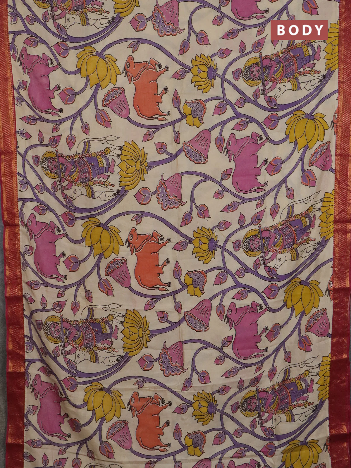 Kalamkari semi silk saree beige and maroon with allover prints and mangalgiri border - Image 2