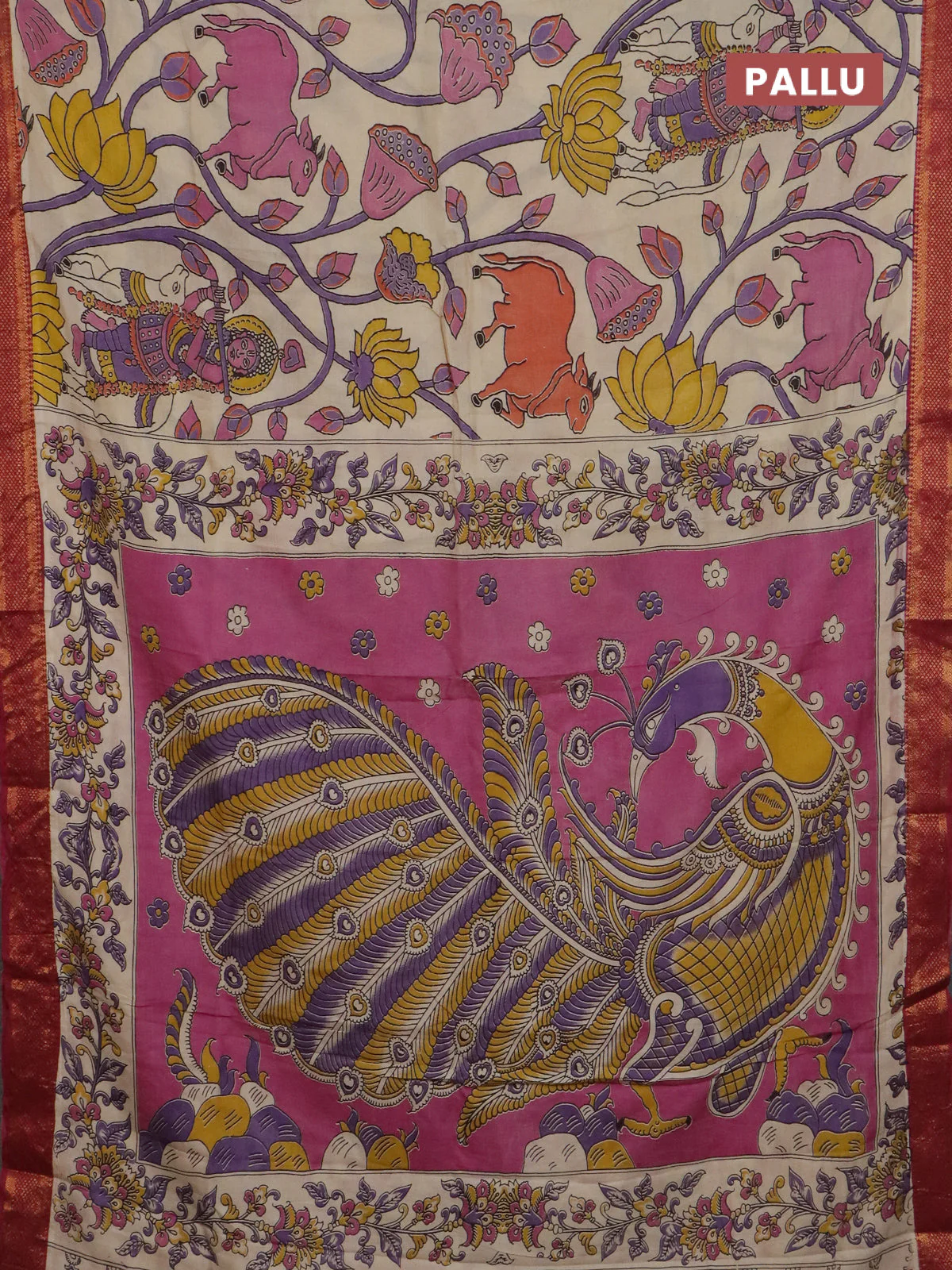 Kalamkari semi silk saree beige and maroon with allover prints and mangalgiri border - Image 3