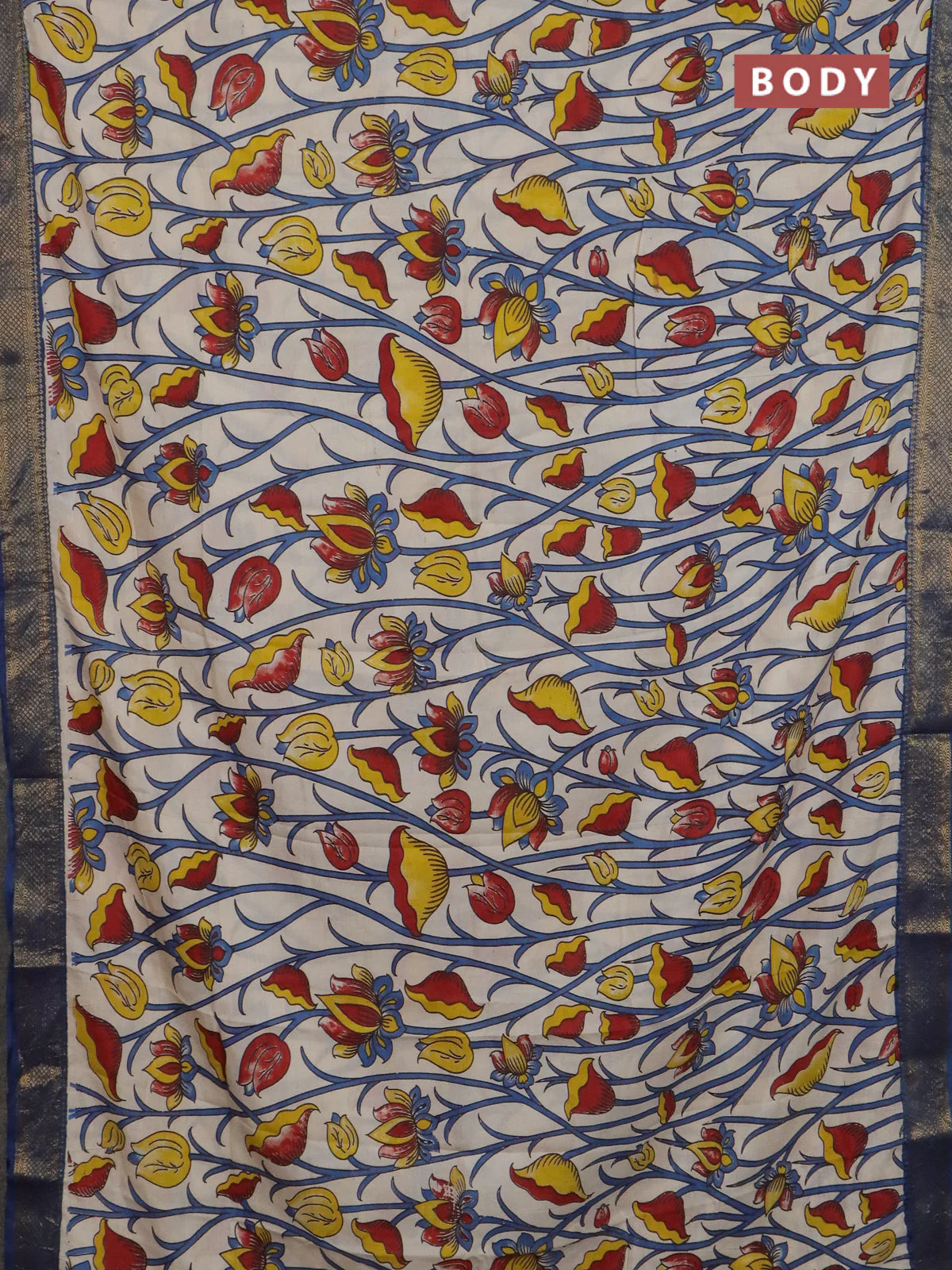 Kalamkari semi silk saree beige and peacock blue with allover prints and mangalgiri border - Image 2