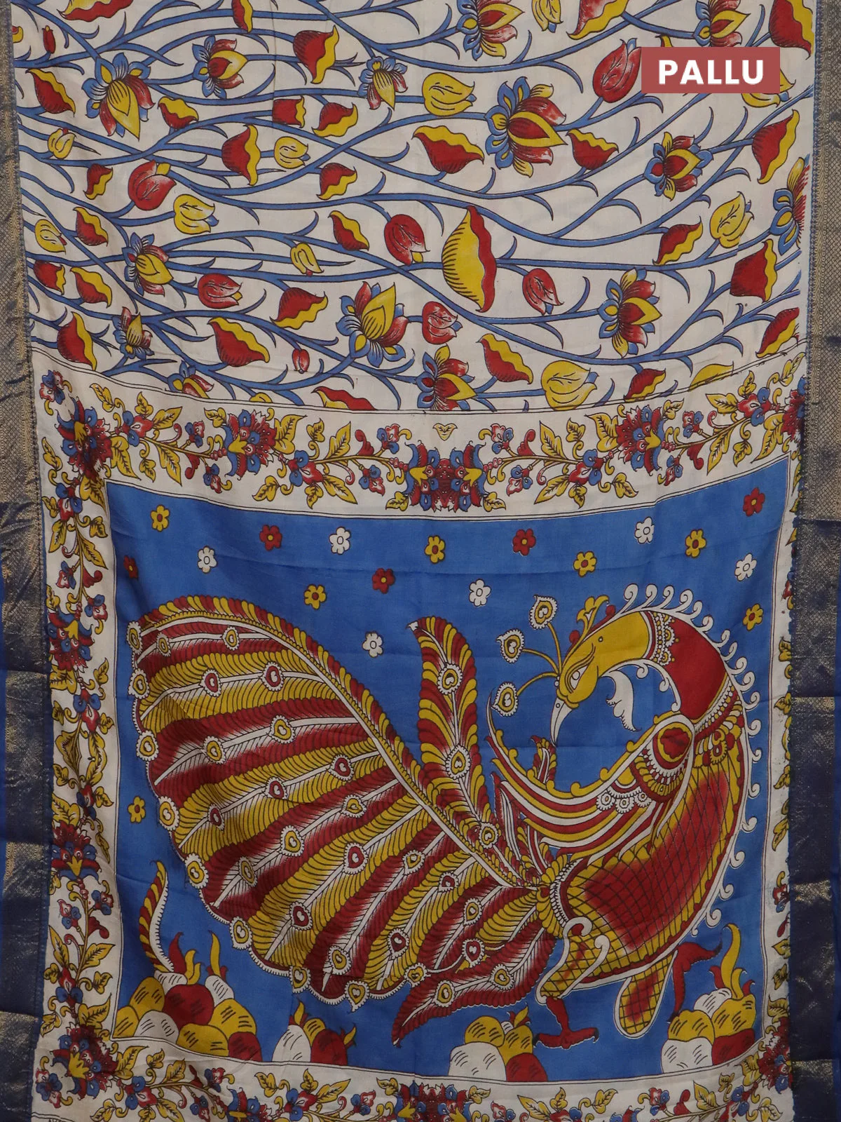 Kalamkari semi silk saree beige and peacock blue with allover prints and mangalgiri border - Image 3