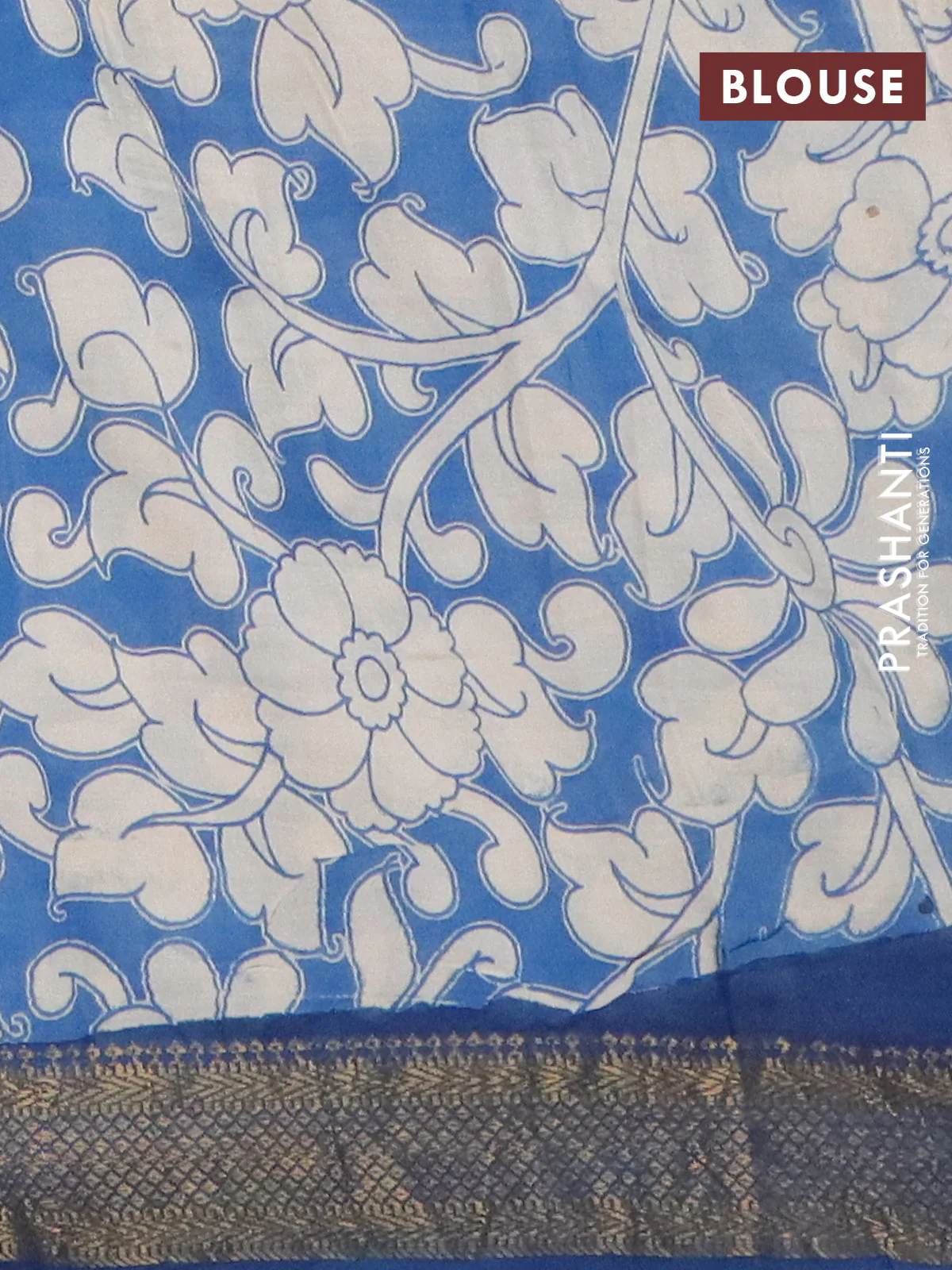 Kalamkari semi silk saree beige and peacock blue with allover prints and mangalgiri border - Image 4