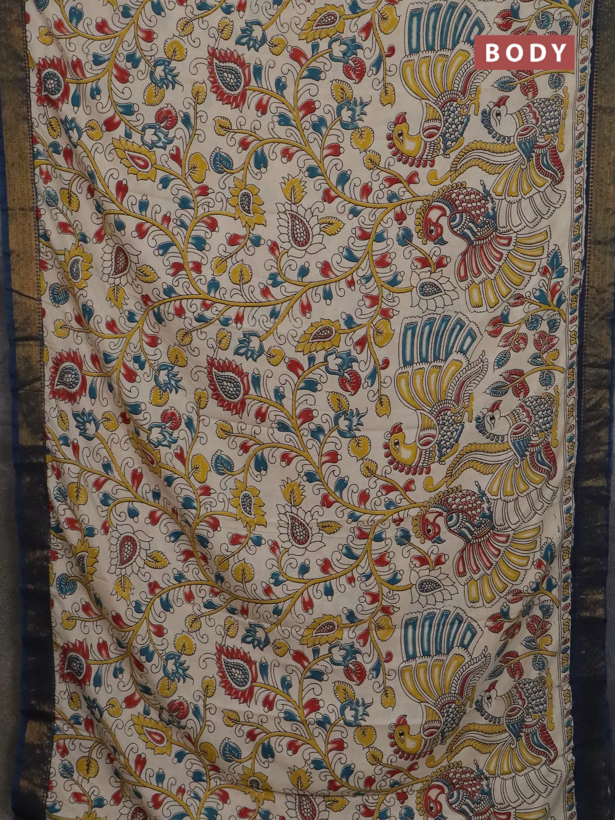 Kalamkari semi silk saree beige and peacock blue with allover prints and mangalgiri border - Image 2