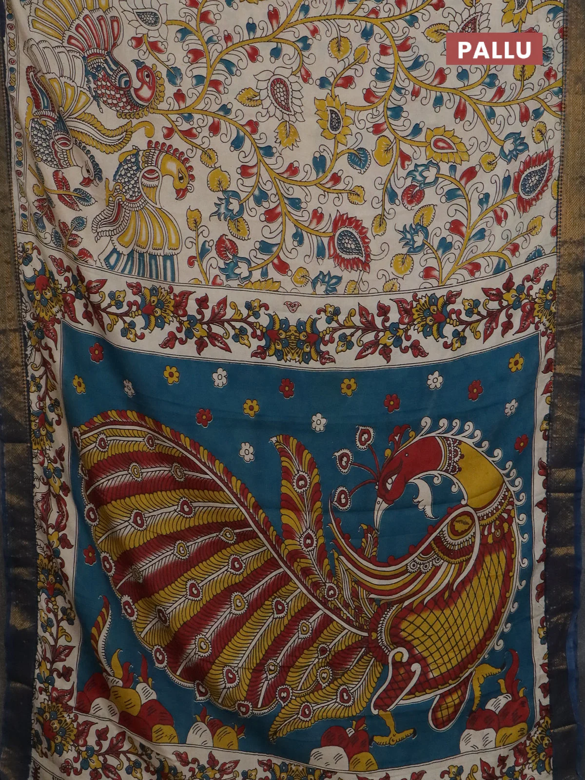 Kalamkari semi silk saree beige and peacock blue with allover prints and mangalgiri border - Image 3