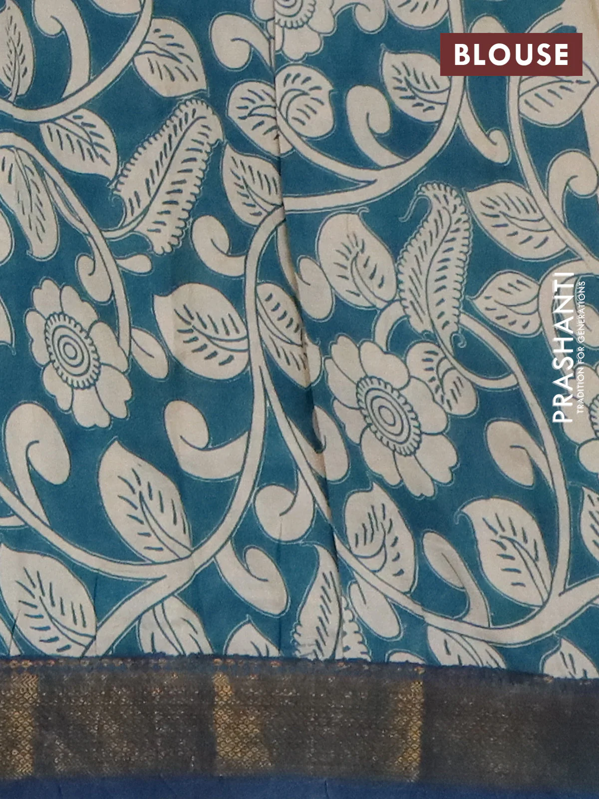 Kalamkari semi silk saree beige and peacock blue with allover prints and mangalgiri border - Image 4