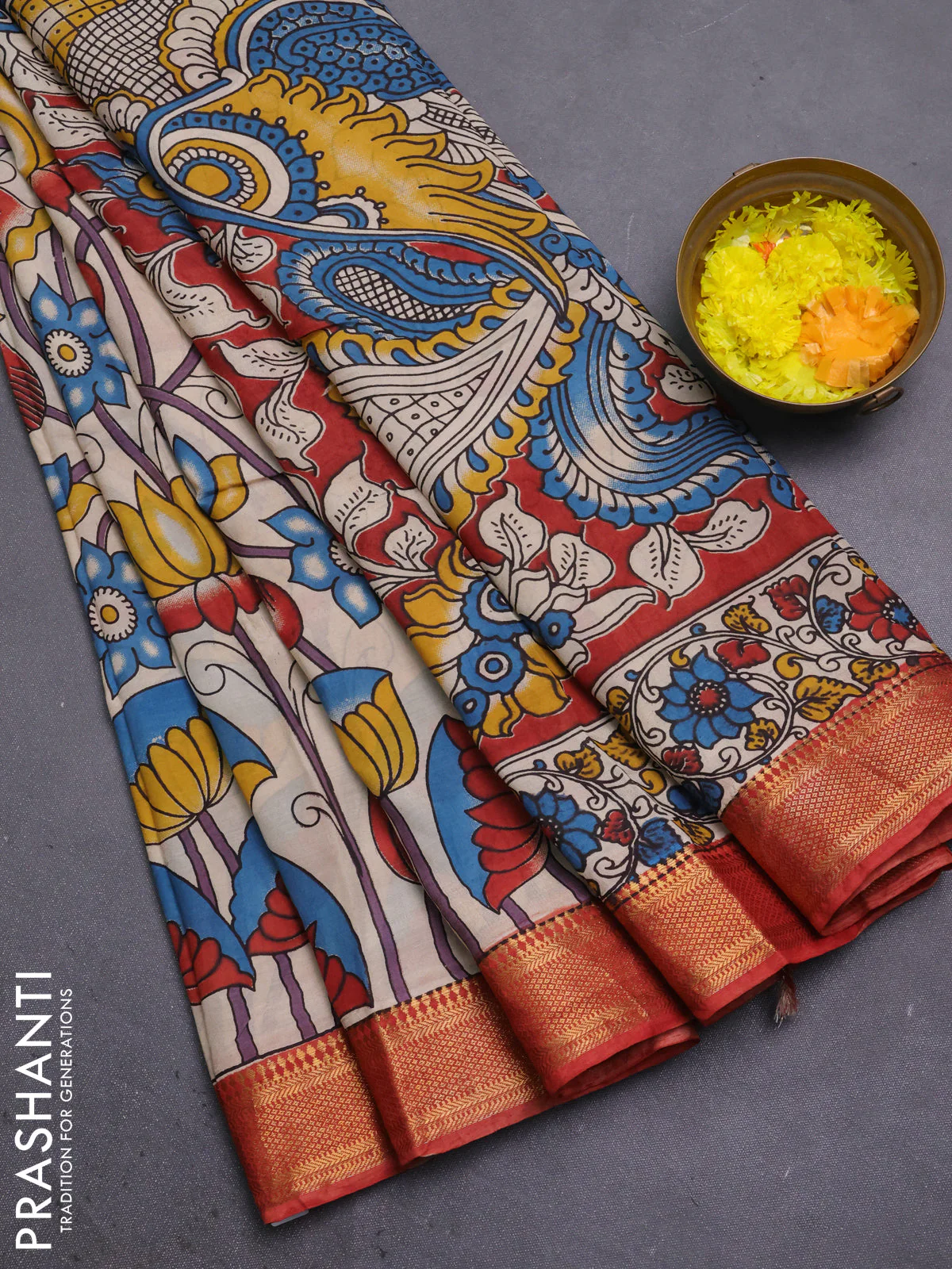 Kalamkari semi silk saree beige and rust shade with allover prints and mangalgiri border
