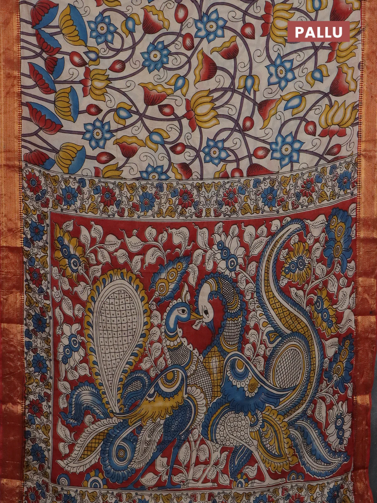 Kalamkari semi silk saree beige and rust shade with allover prints and mangalgiri border - Image 3