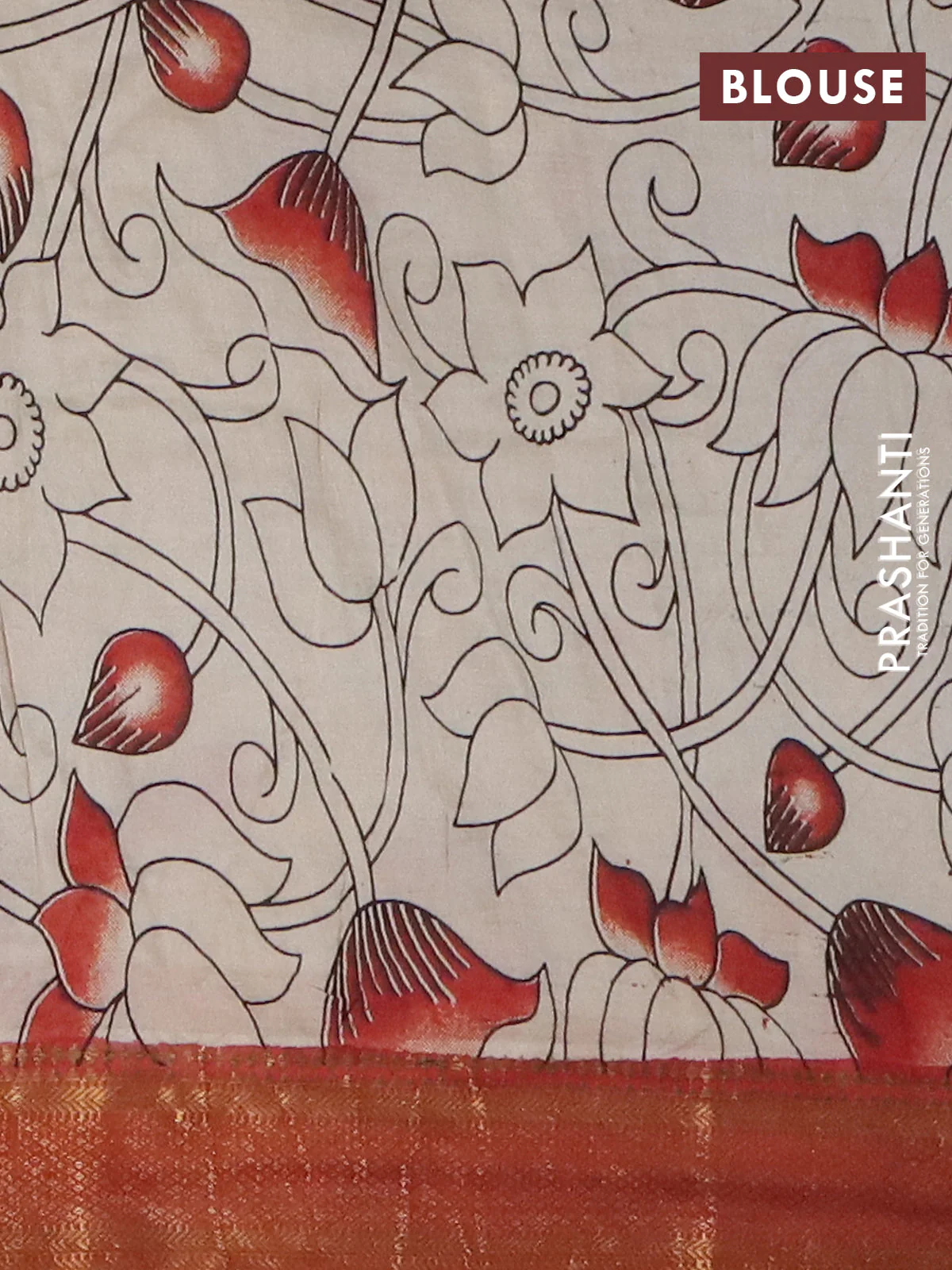 Kalamkari semi silk saree beige and rust shade with allover prints and mangalgiri border - Image 4