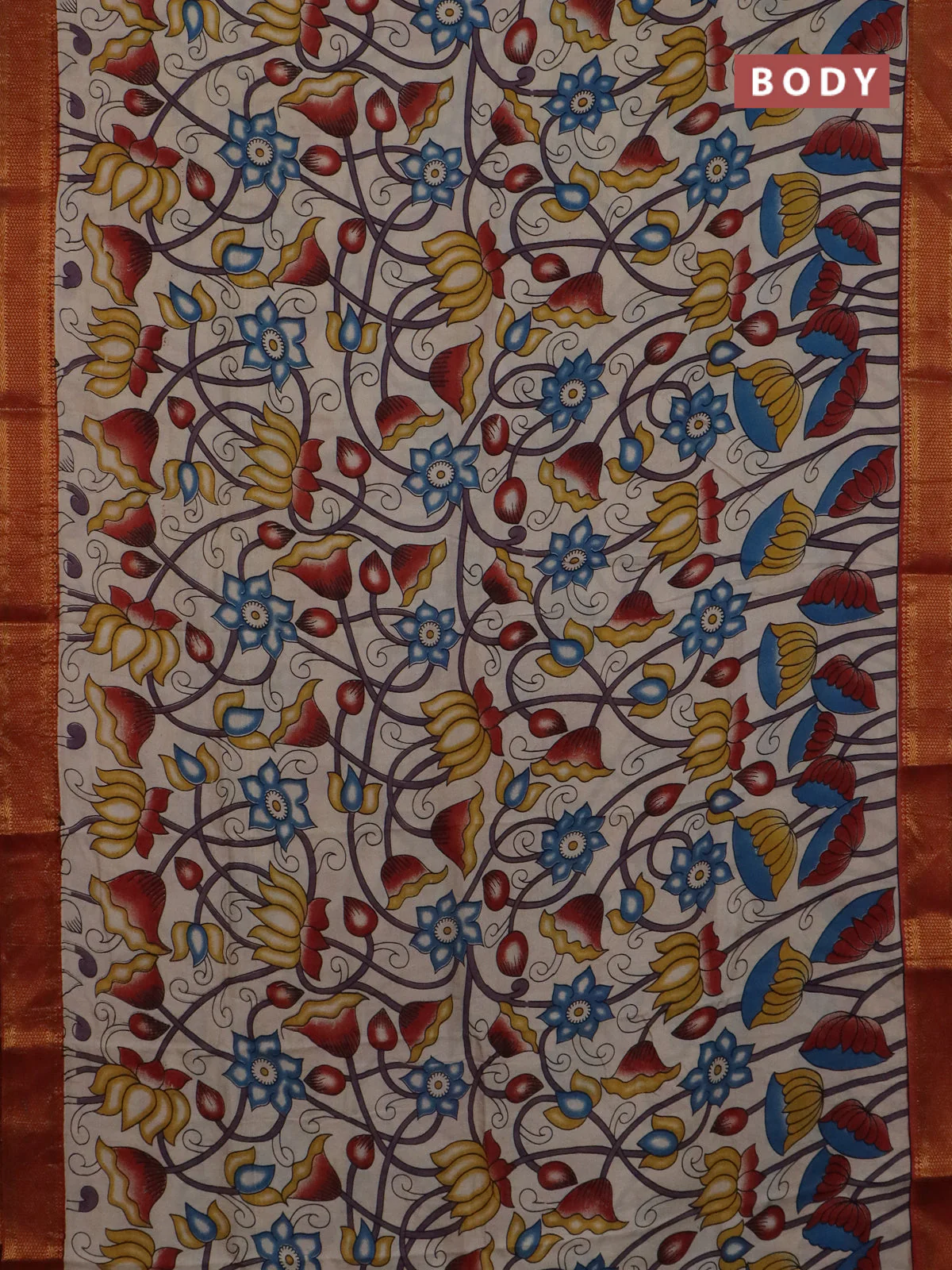 Kalamkari semi silk saree beige and rust shade with allover prints and mangalgiri border - Image 2