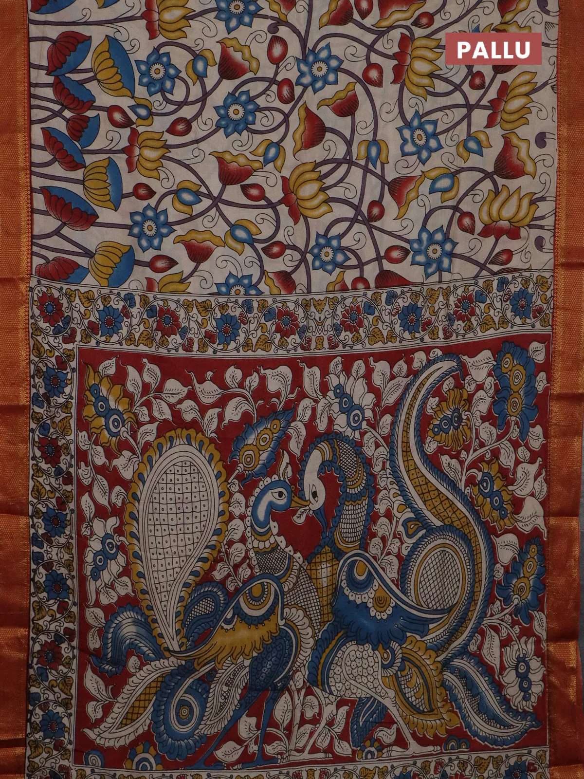 Kalamkari semi silk saree beige and rust shade with allover prints and mangalgiri border - Image 3