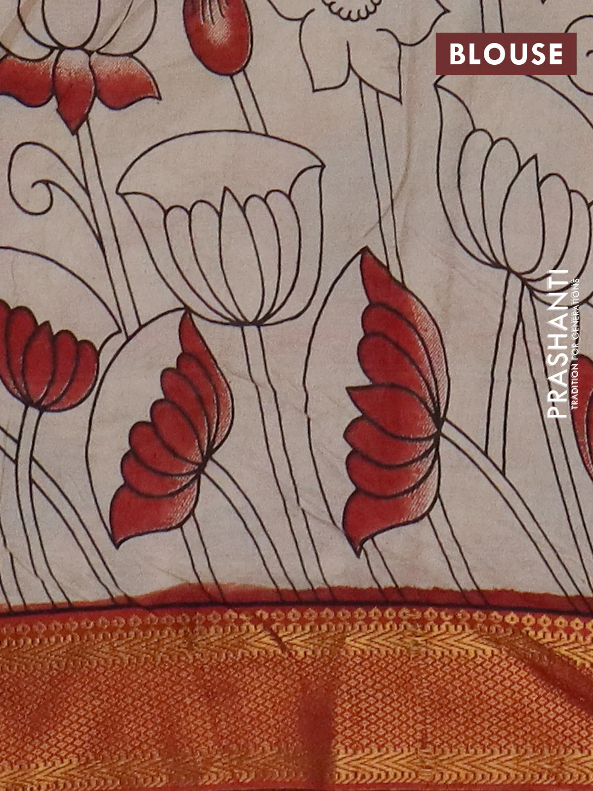 Kalamkari semi silk saree beige and rust shade with allover prints and mangalgiri border - Image 4