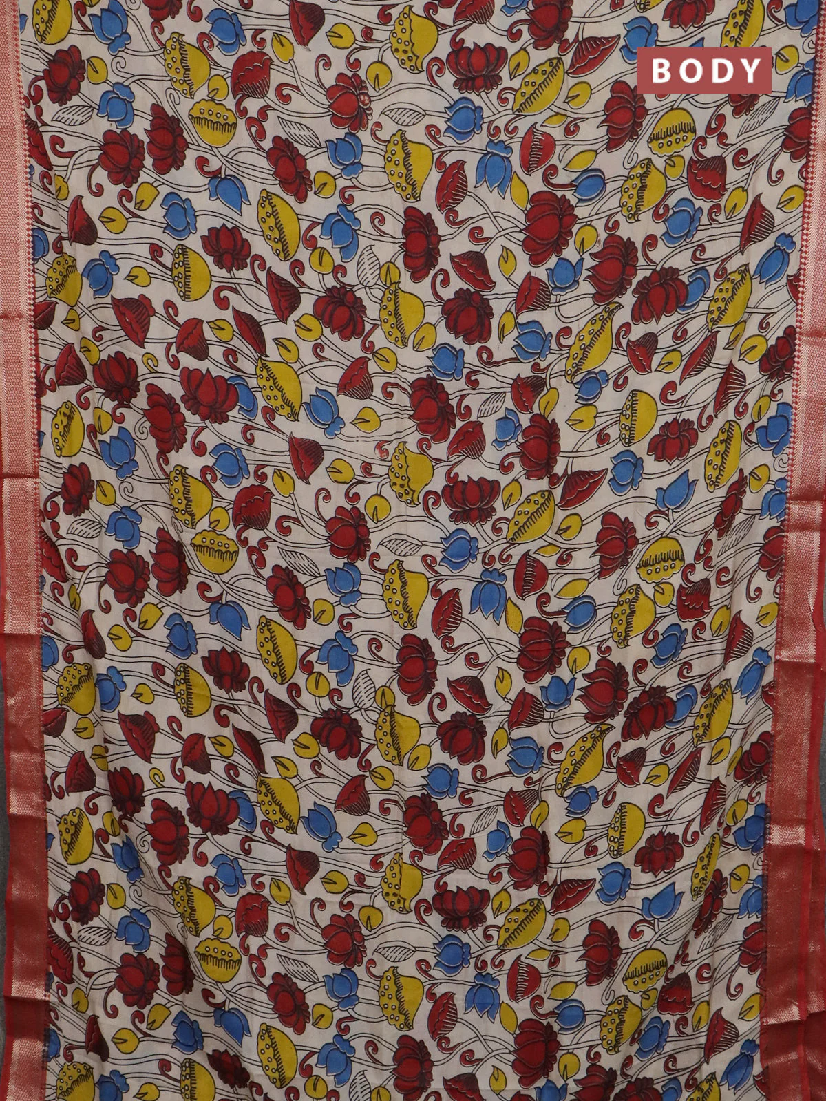 Kalamkari semi silk saree beige and rust shade with allover prints and mangalgiri border - Image 2
