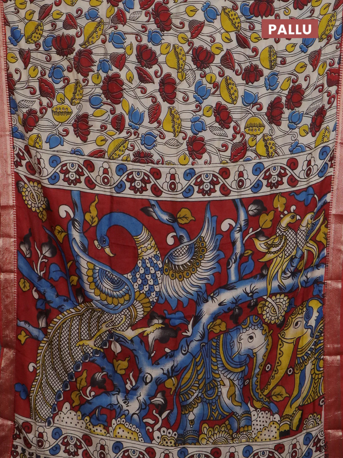 Kalamkari semi silk saree beige and rust shade with allover prints and mangalgiri border - Image 3