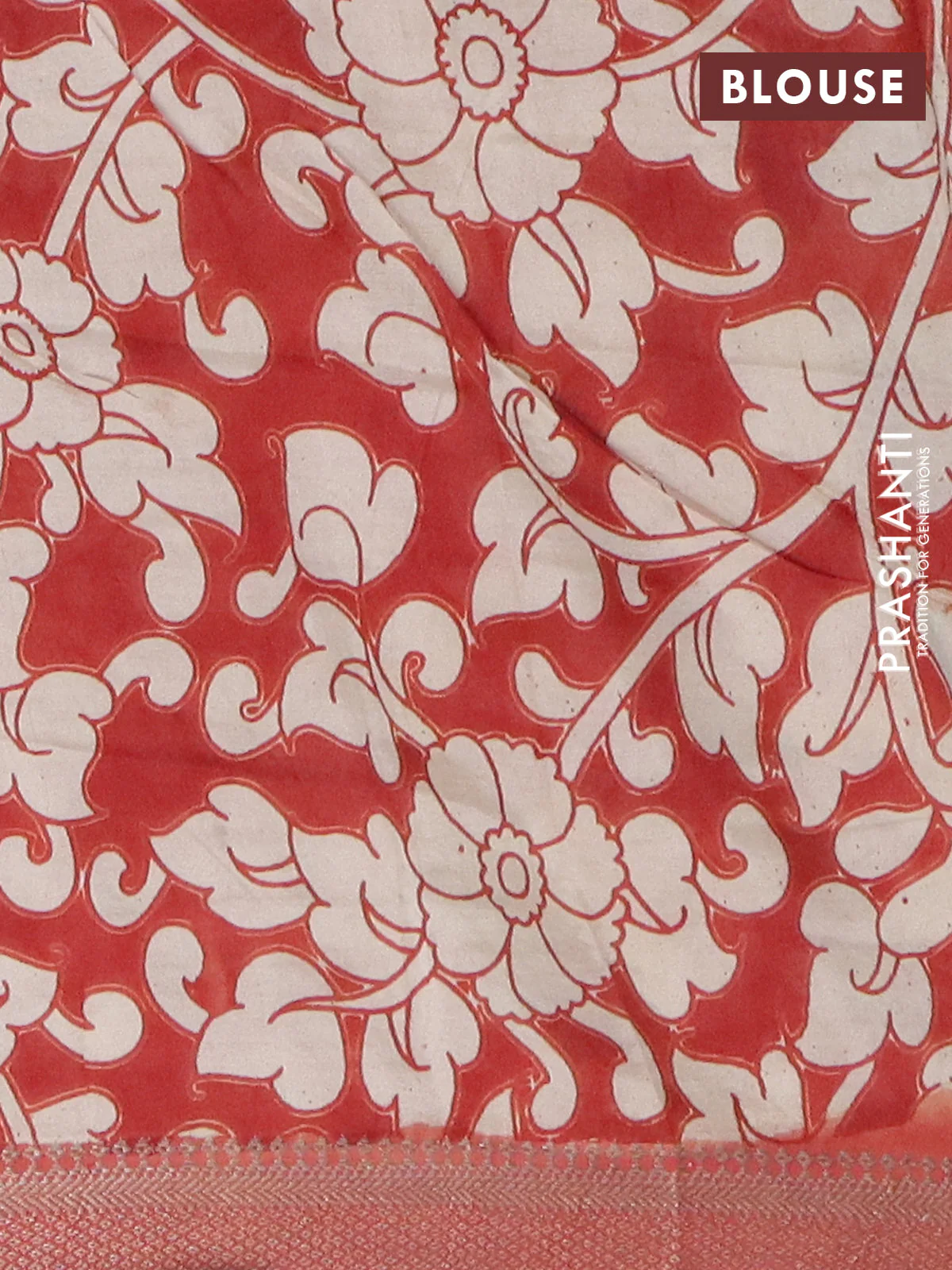 Kalamkari semi silk saree beige and rust shade with allover prints and mangalgiri border - Image 4