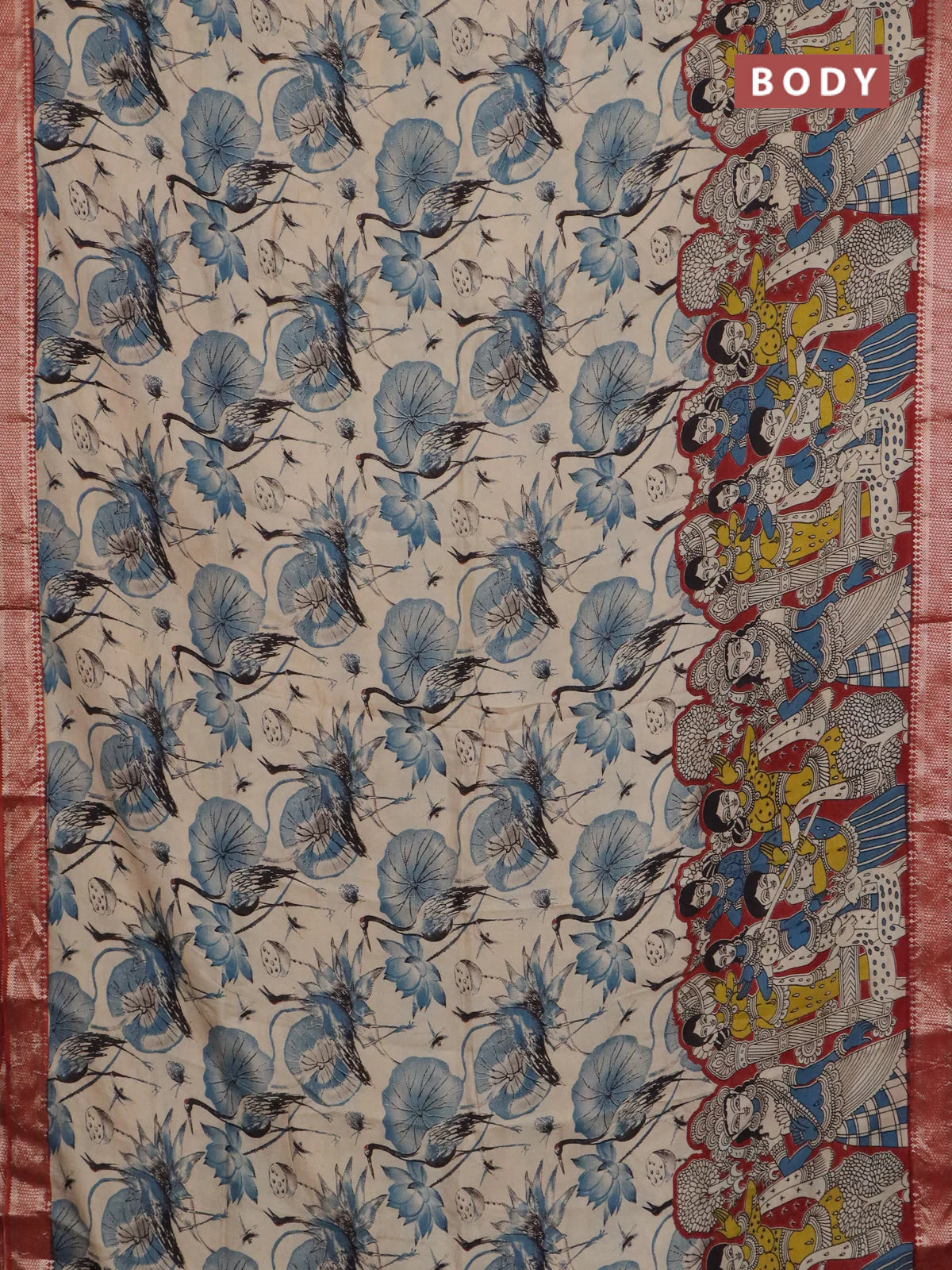 Kalamkari semi silk saree beige and rust shade with allover prints and mangalgiri border - Image 2