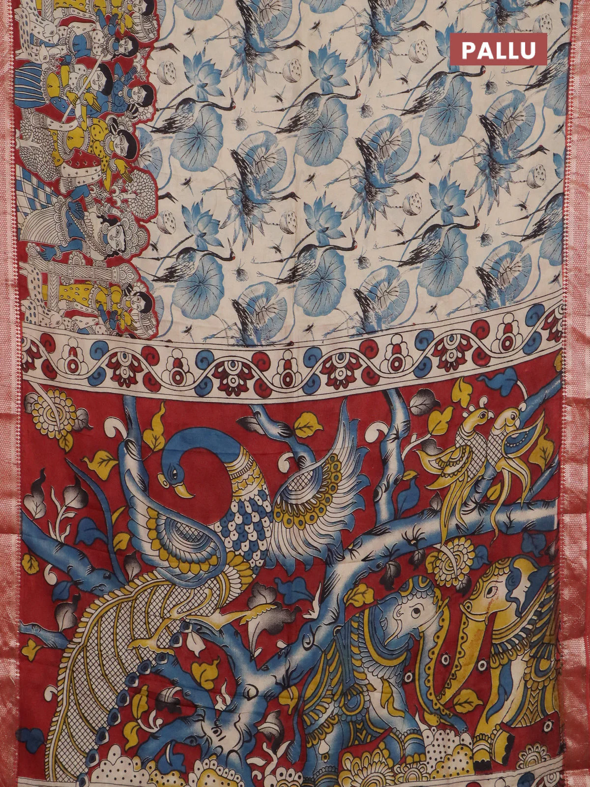 Kalamkari semi silk saree beige and rust shade with allover prints and mangalgiri border - Image 3