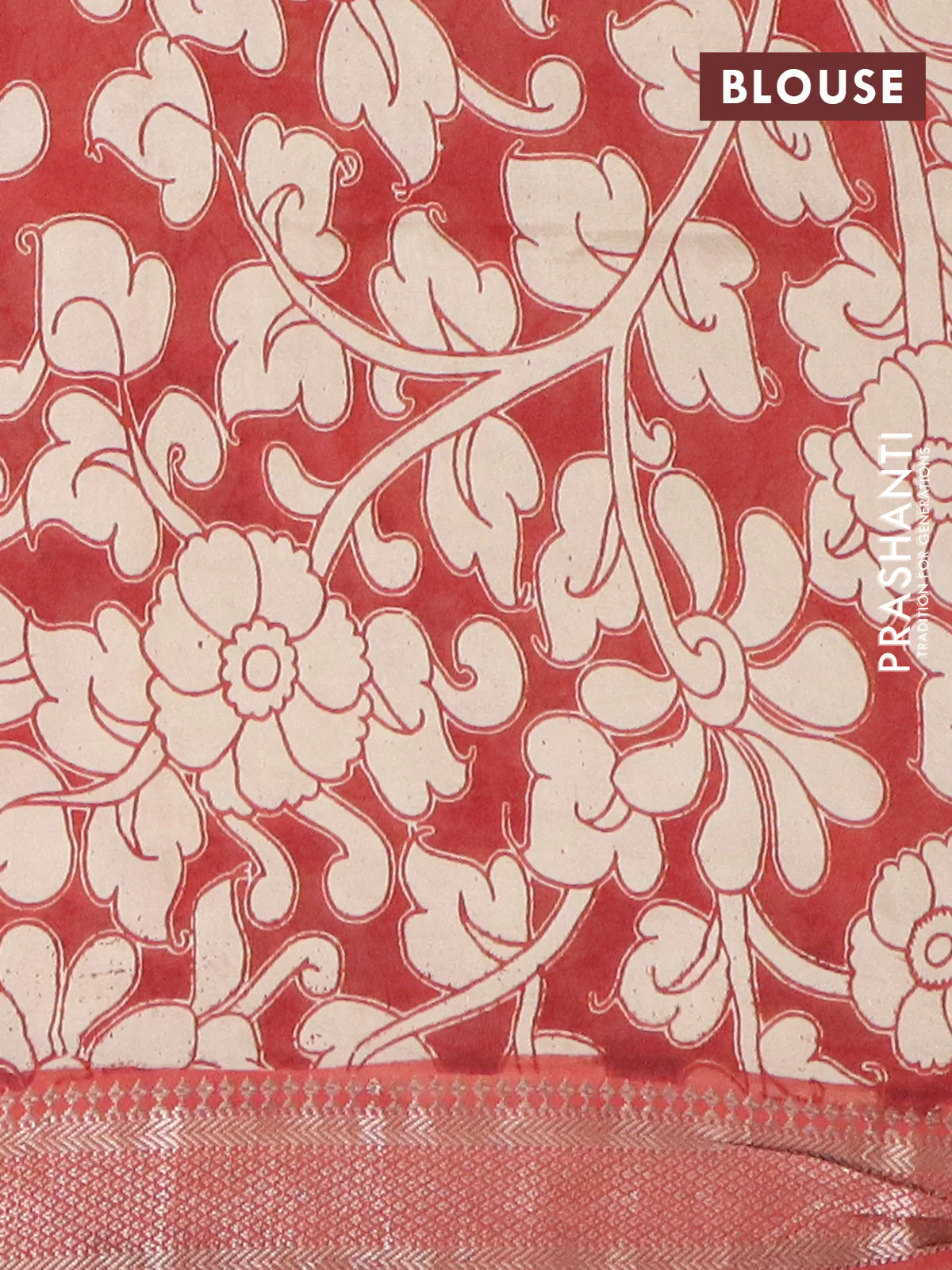 Kalamkari semi silk saree beige and rust shade with allover prints and mangalgiri border - Image 4