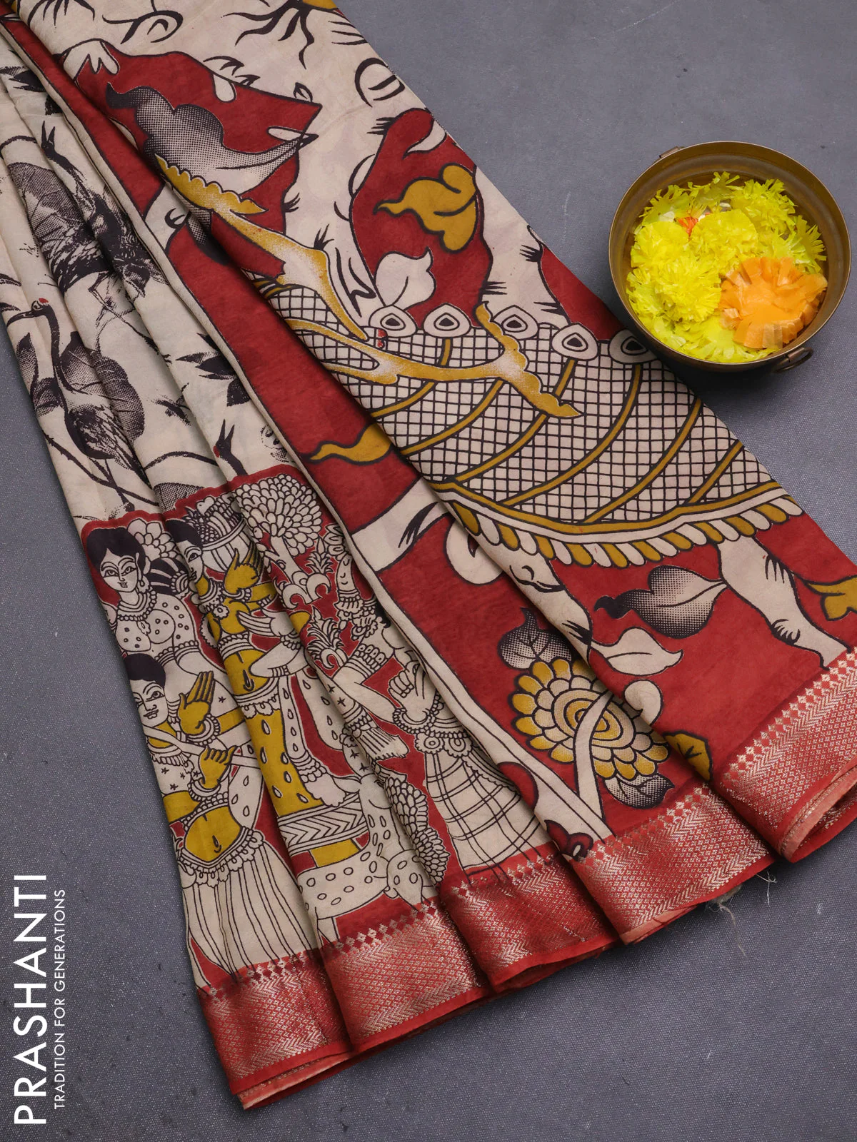 Kalamkari semi silk saree beige and rust shade with allover prints and mangalgiri border