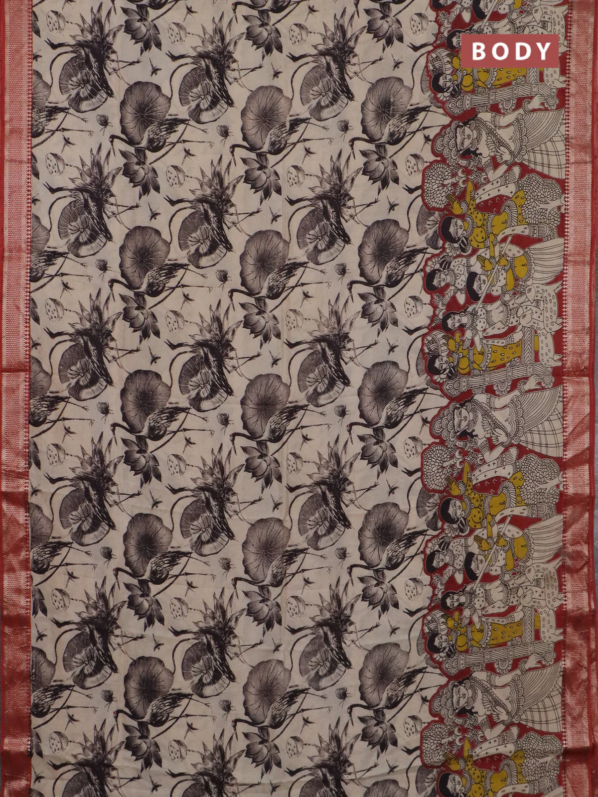 Kalamkari semi silk saree beige and rust shade with allover prints and mangalgiri border - Image 2
