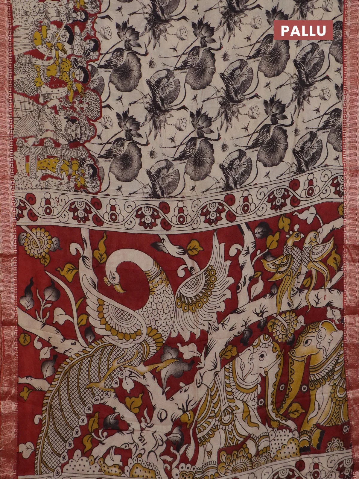 Kalamkari semi silk saree beige and rust shade with allover prints and mangalgiri border - Image 3