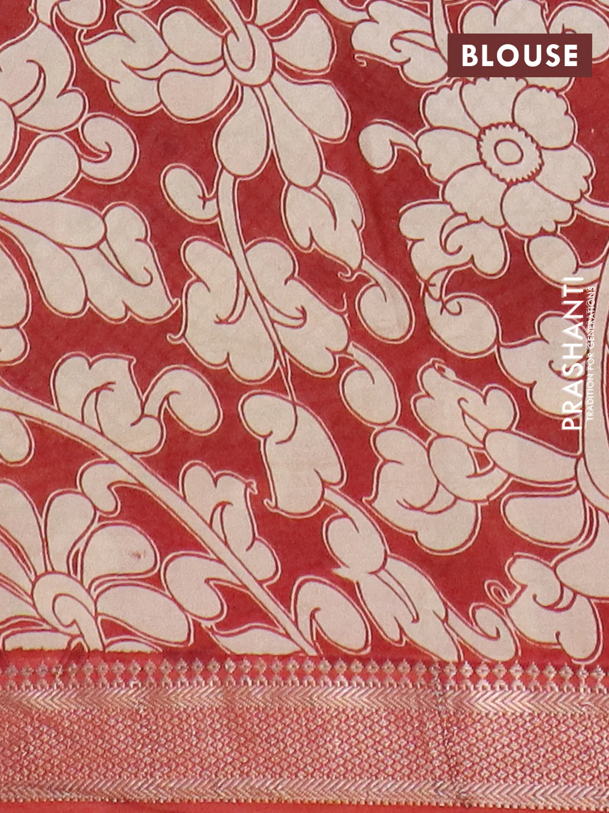 Kalamkari semi silk saree beige and rust shade with allover prints and mangalgiri border - Image 4