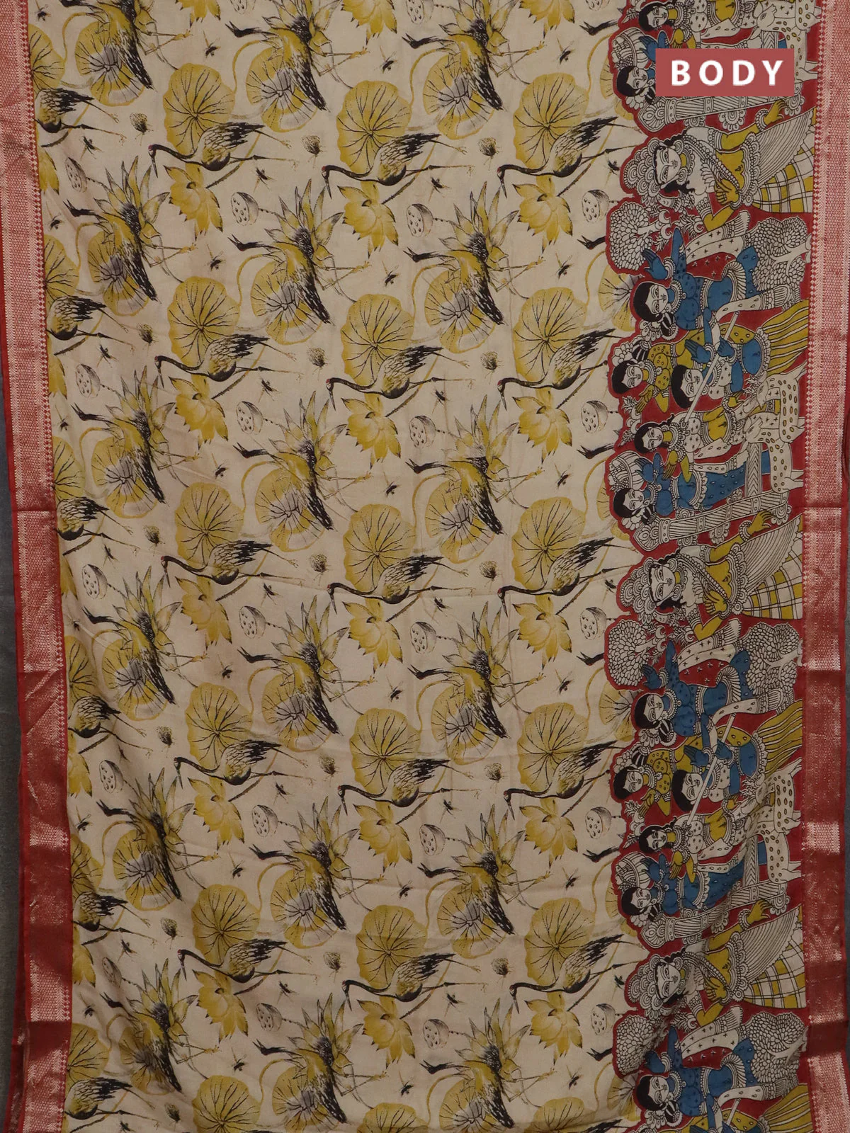 Kalamkari semi silk saree beige and rust shade with allover prints and mangalgiri border - Image 2