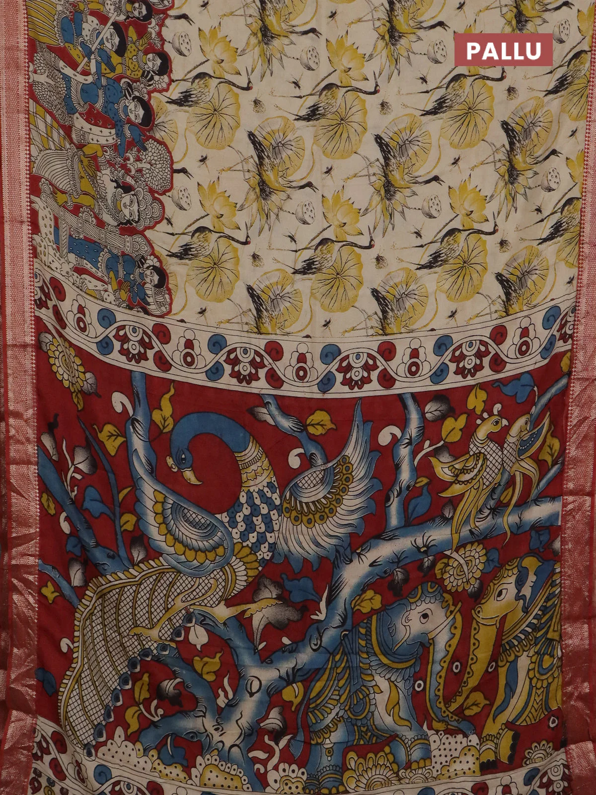 Kalamkari semi silk saree beige and rust shade with allover prints and mangalgiri border - Image 3