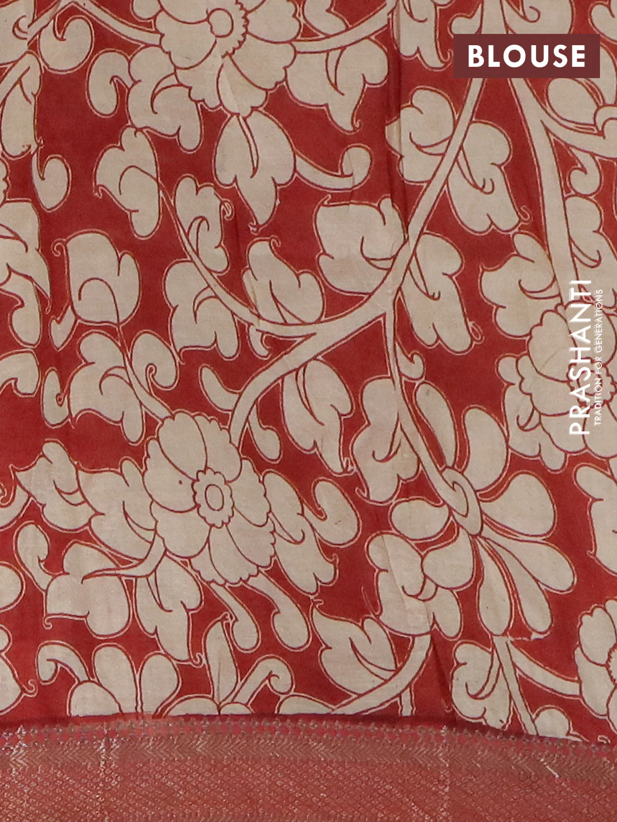 Kalamkari semi silk saree beige and rust shade with allover prints and mangalgiri border - Image 4