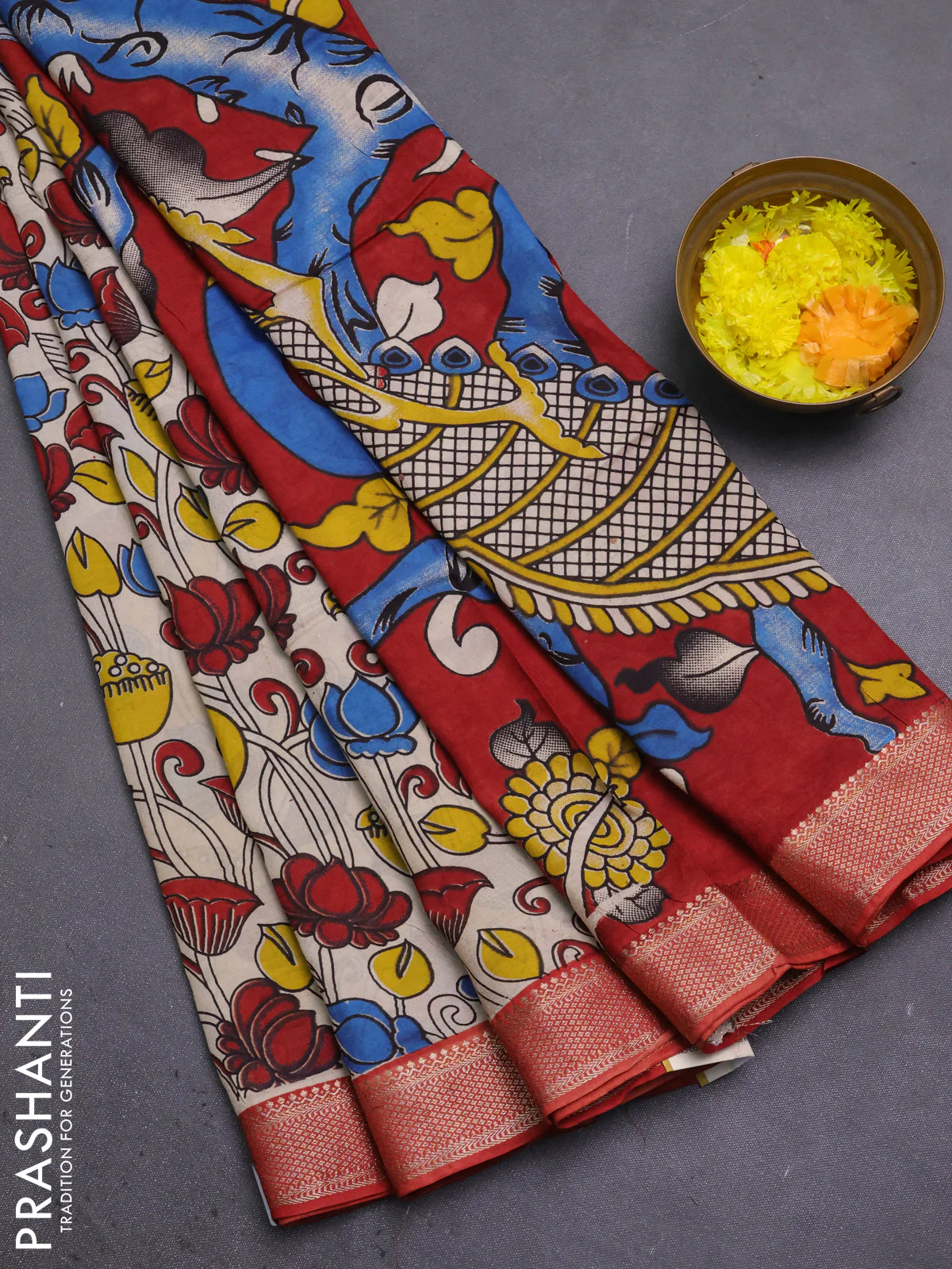 Kalamkari semi silk saree beige and rust shade with allover prints and mangalgiri border