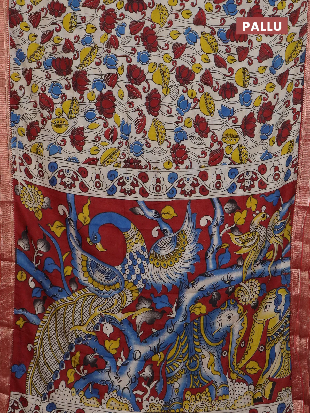 Kalamkari semi silk saree beige and rust shade with allover prints and mangalgiri border - Image 3