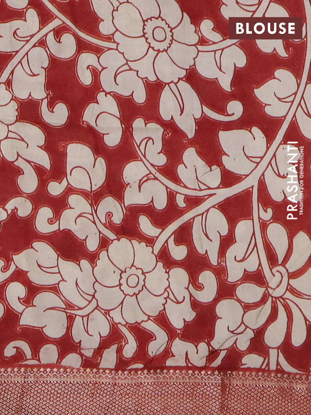 Kalamkari semi silk saree beige and rust shade with allover prints and mangalgiri border - Image 4