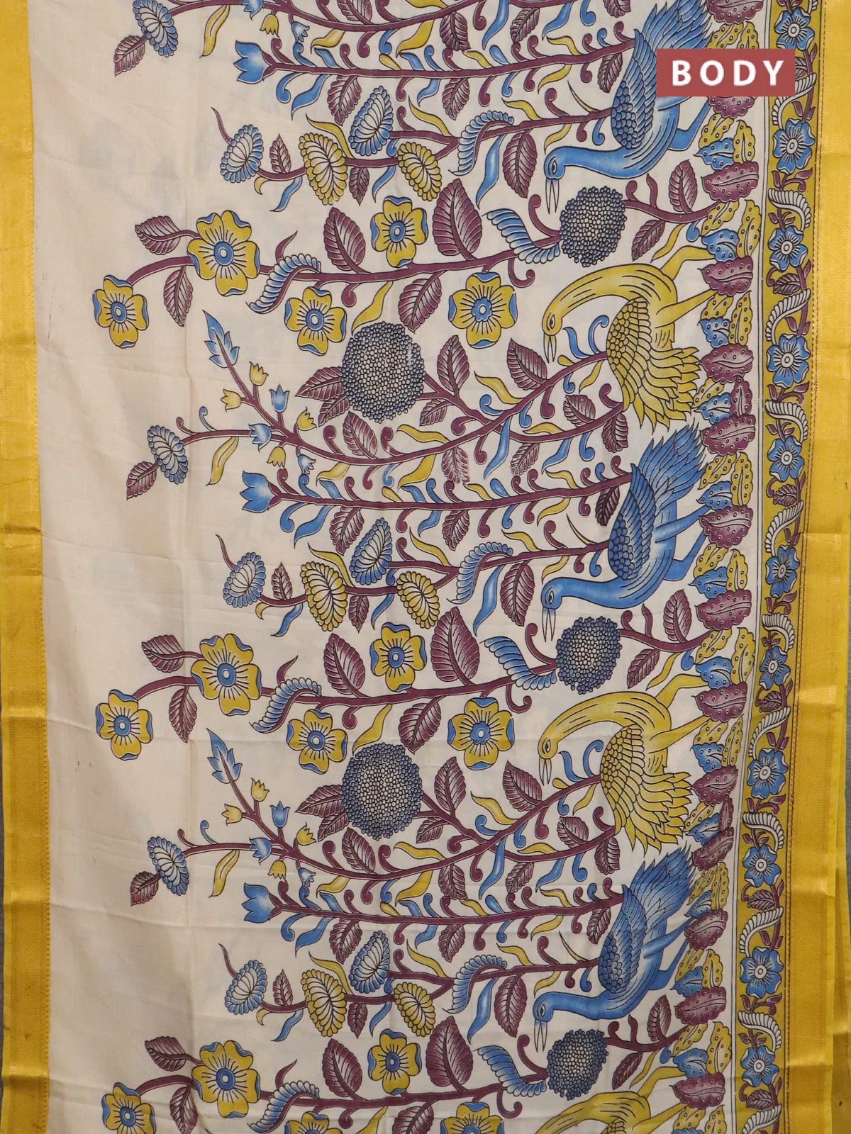 Kalamkari semi silk saree beige and yellow with allover prints and mangalgiri border - Image 2