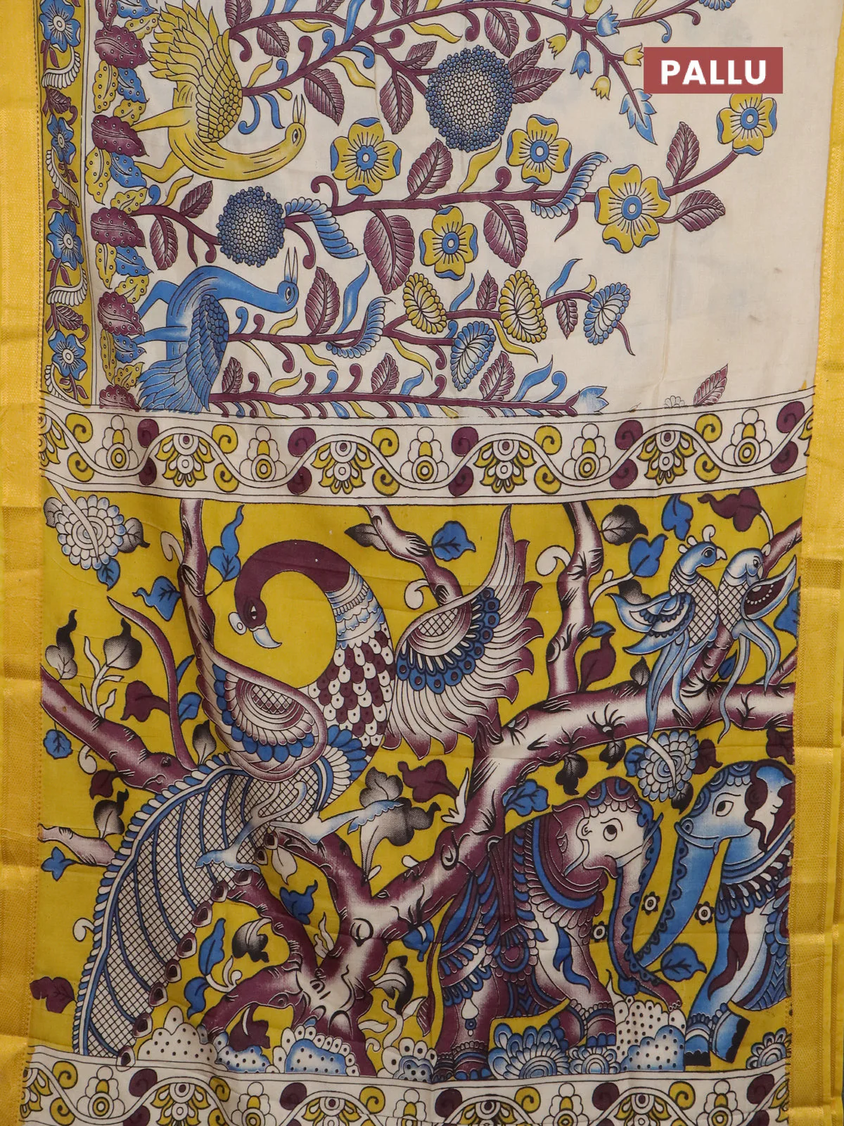 Kalamkari semi silk saree beige and yellow with allover prints and mangalgiri border - Image 3