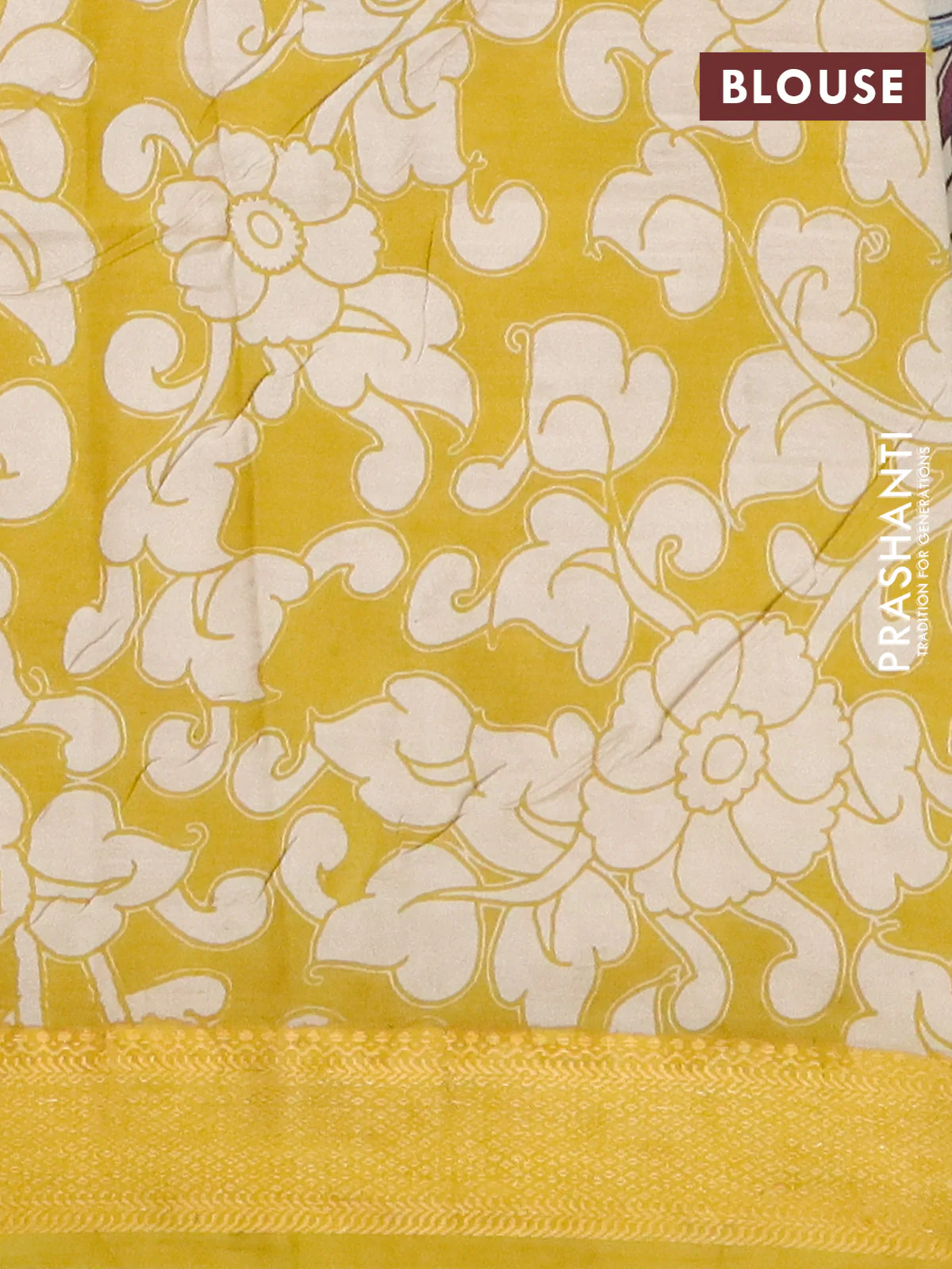 Kalamkari semi silk saree beige and yellow with allover prints and mangalgiri border - Image 4
