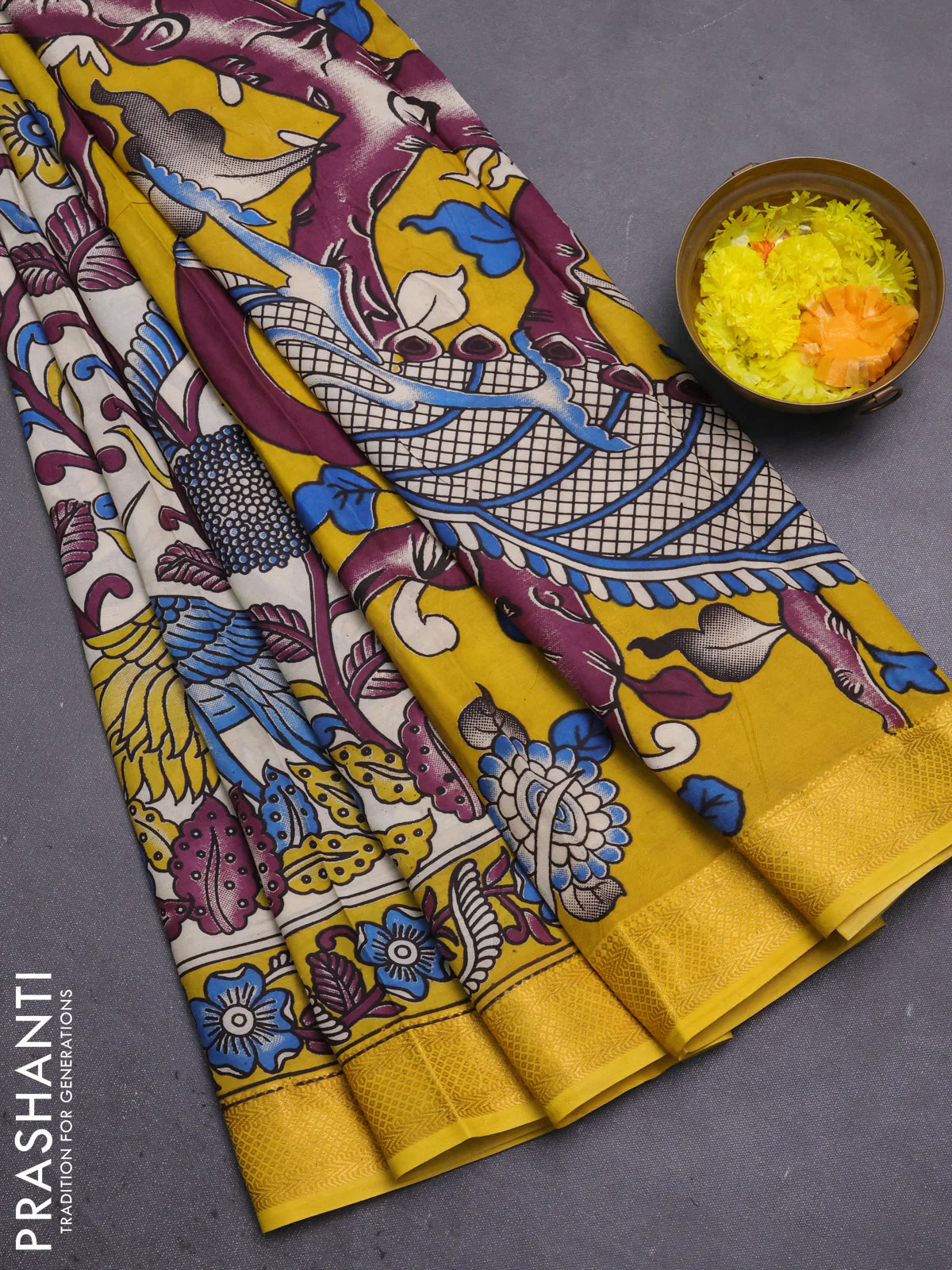 Kalamkari semi silk saree beige and yellow with allover prints and mangalgiri border