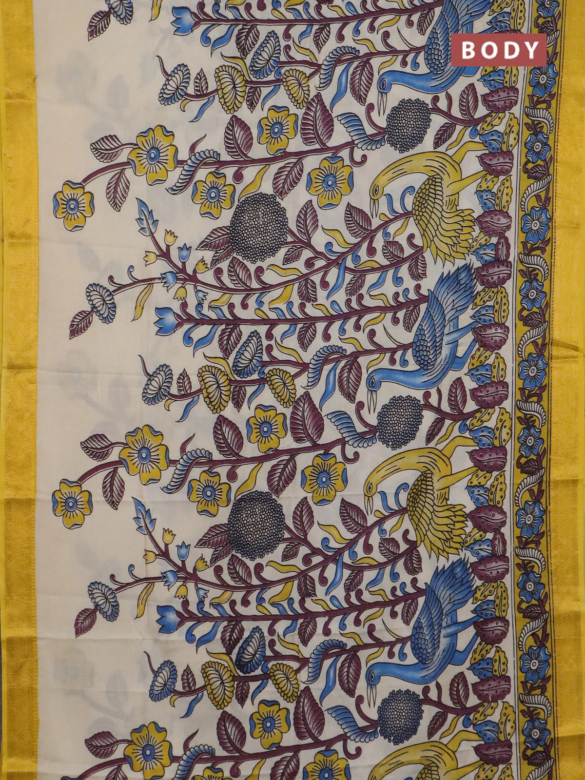 Kalamkari semi silk saree beige and yellow with allover prints and mangalgiri border - Image 2