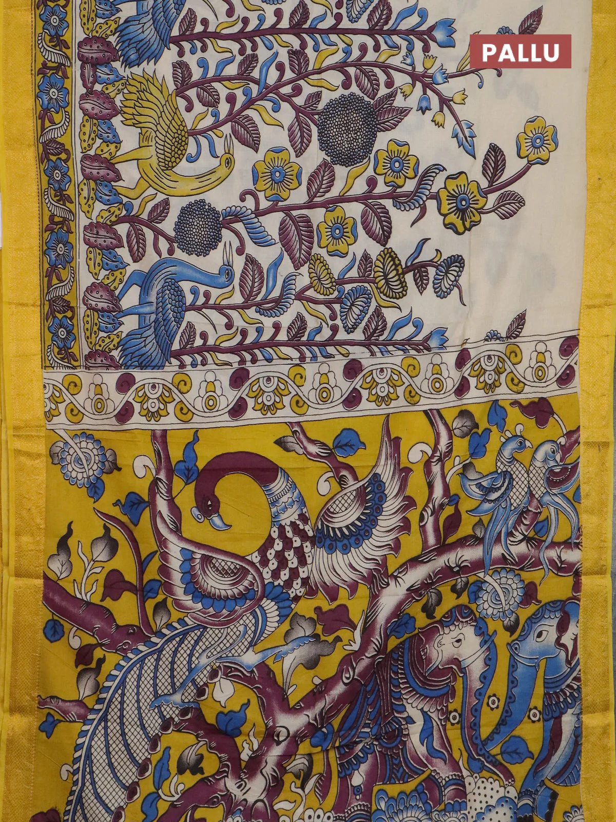 Kalamkari semi silk saree beige and yellow with allover prints and mangalgiri border - Image 3