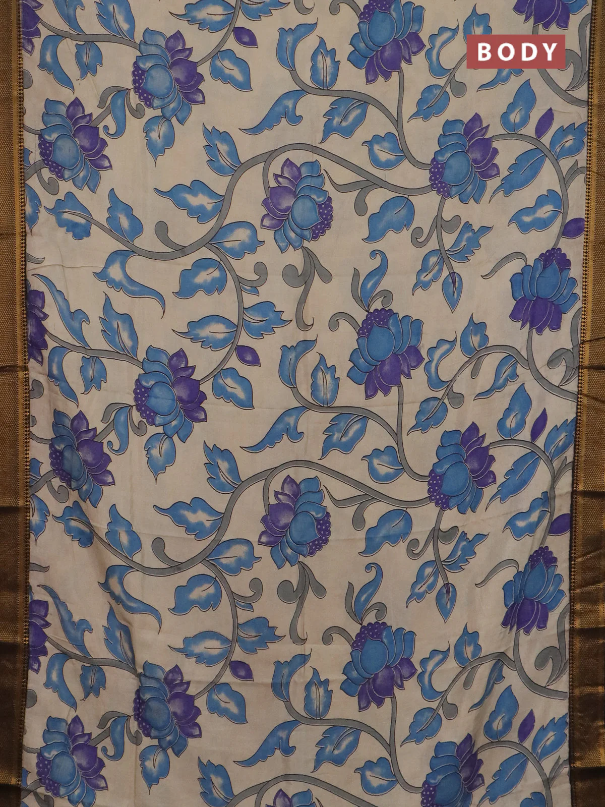Kalamkari semi silk saree beige blue and black with allover prints and mangalgiri border - Image 2