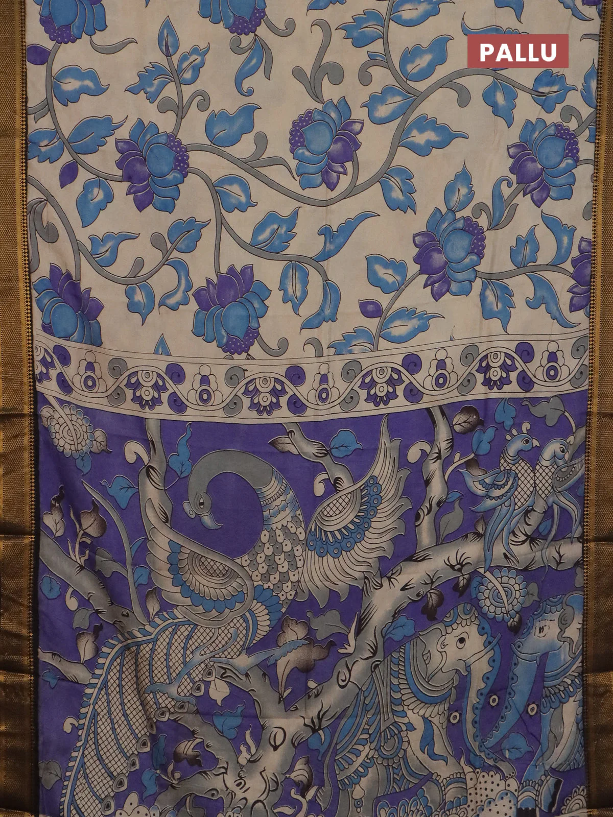 Kalamkari semi silk saree beige blue and black with allover prints and mangalgiri border - Image 3