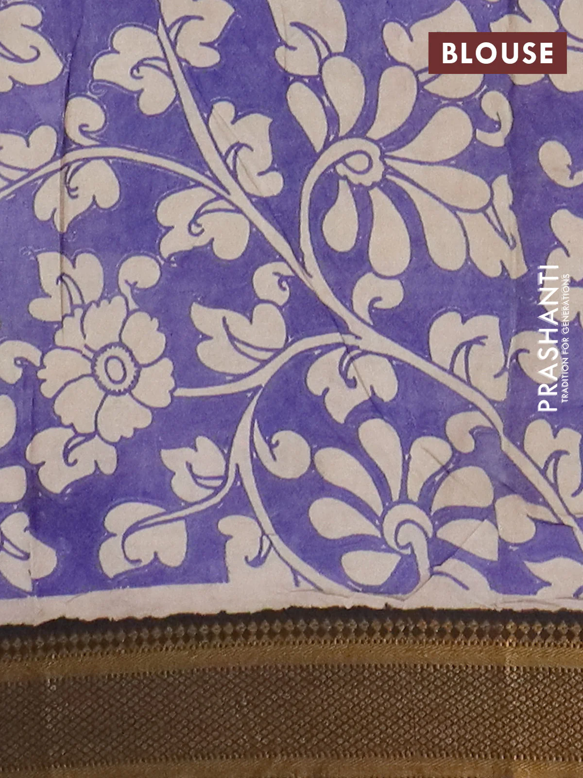 Kalamkari semi silk saree beige blue and black with allover prints and mangalgiri border - Image 4