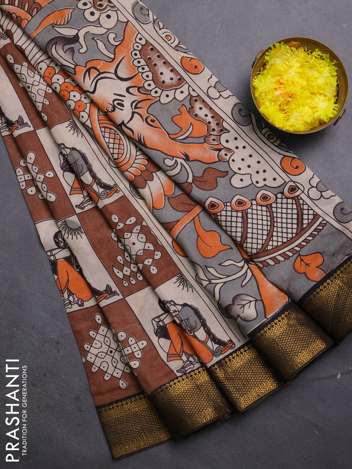 Kalamkari semi silk saree beige brown and black with allover prints and mangalgiri border