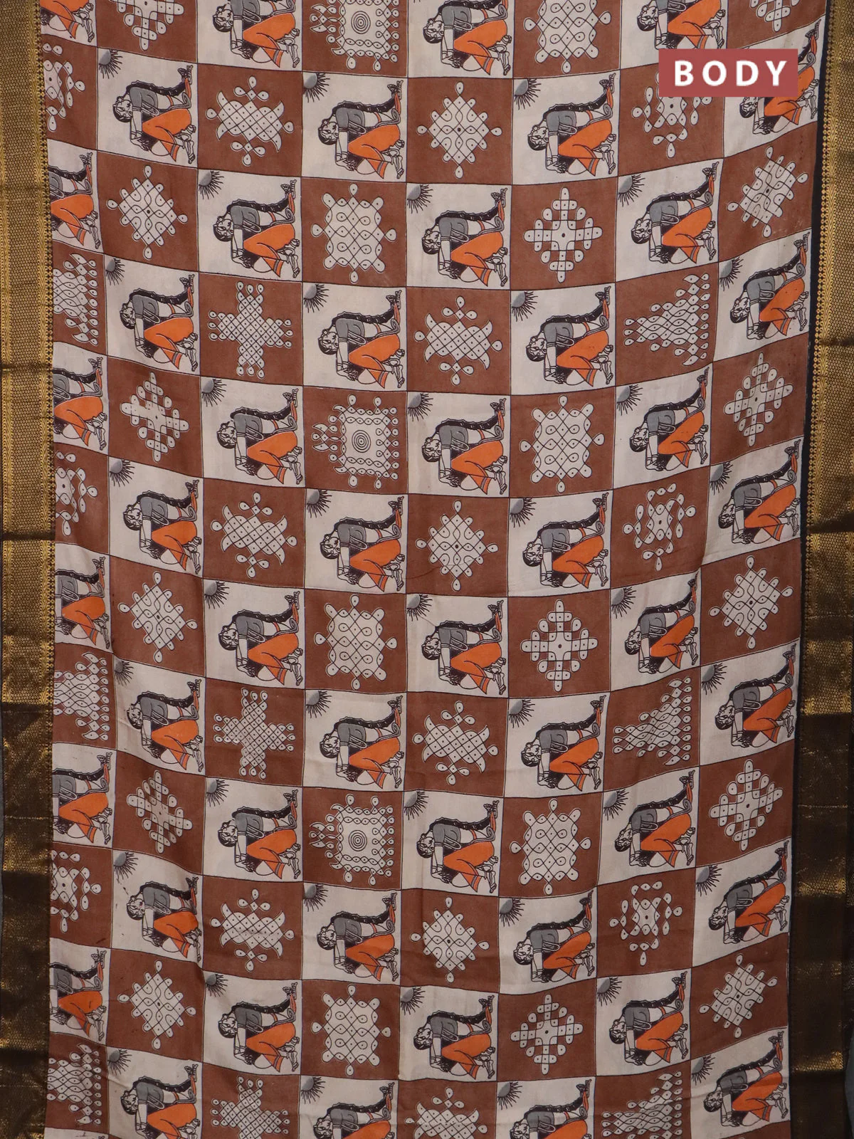 Kalamkari semi silk saree beige brown and black with allover prints and mangalgiri border - Image 2