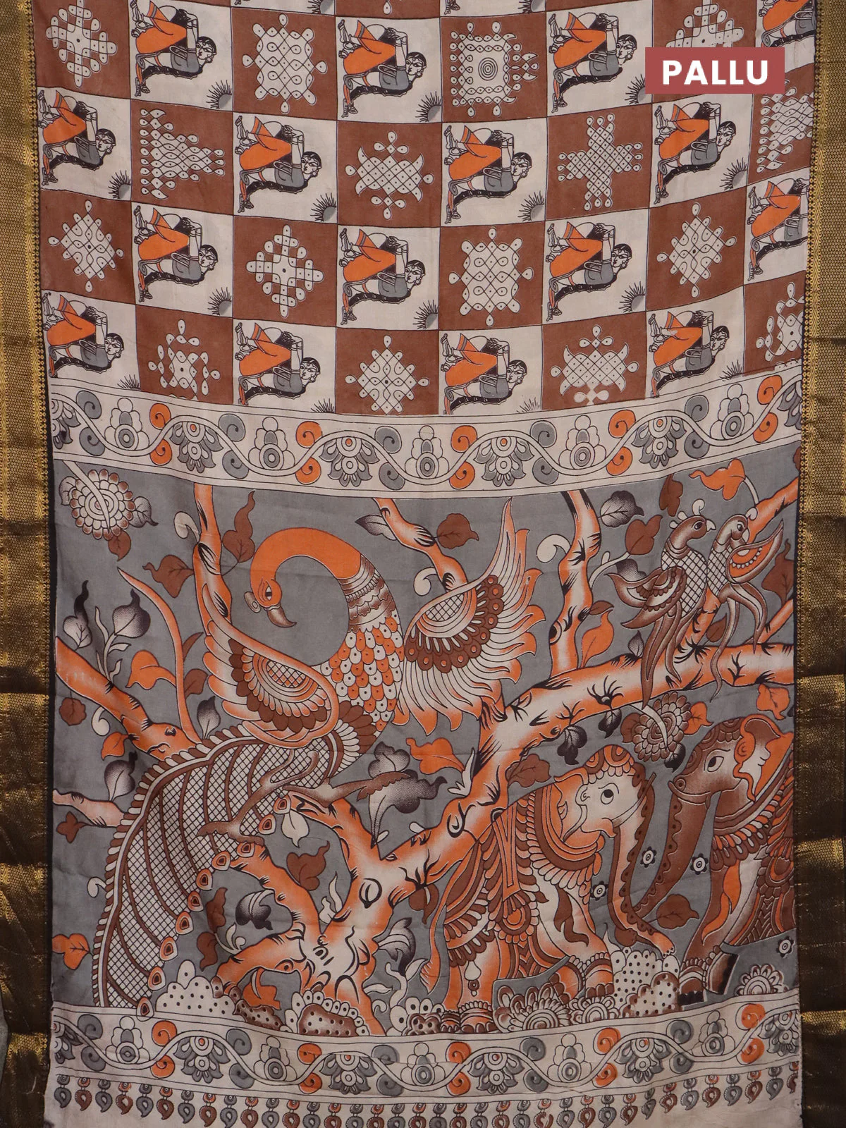 Kalamkari semi silk saree beige brown and black with allover prints and mangalgiri border - Image 3