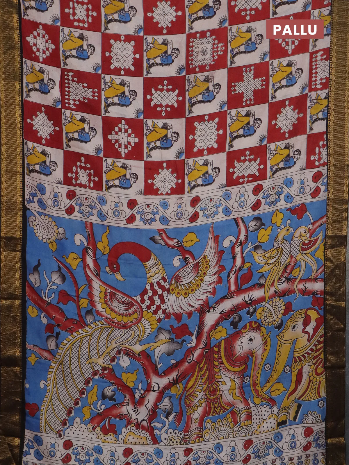 Kalamkari semi silk saree beige maroon and black with allover prints and mangalgiri border - Image 3