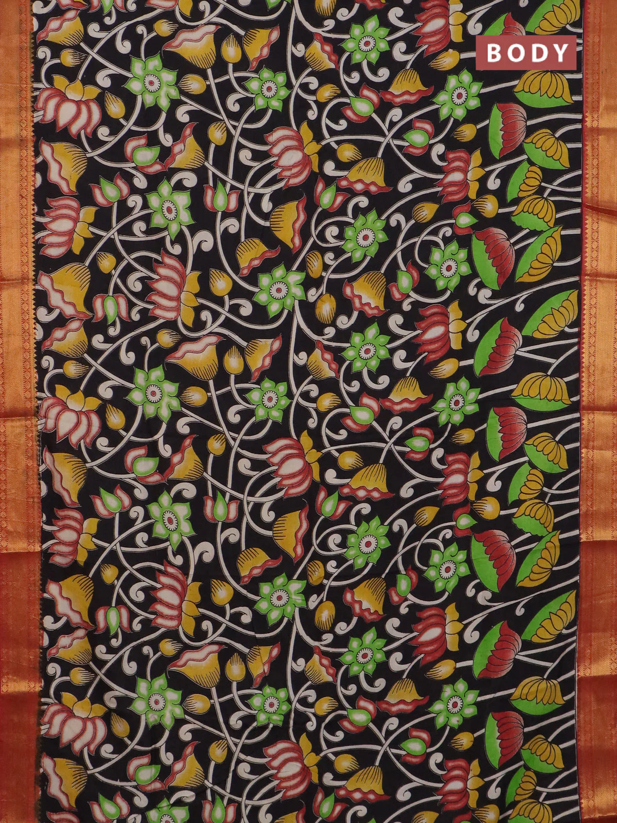 Kalamkari semi silk saree black and rust shade with allover prints and mangalgiri border - Image 2