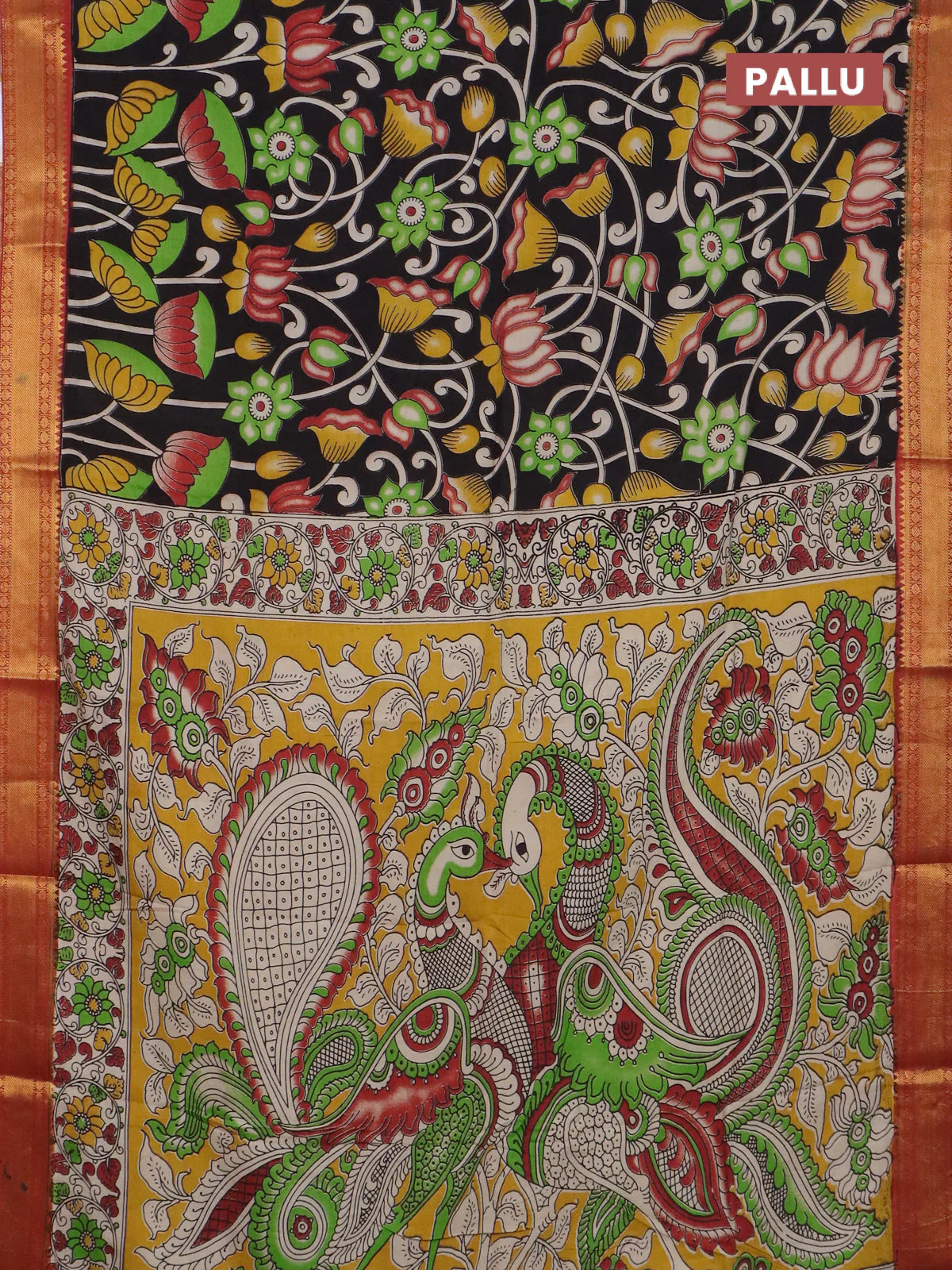 Kalamkari semi silk saree black and rust shade with allover prints and mangalgiri border - Image 3